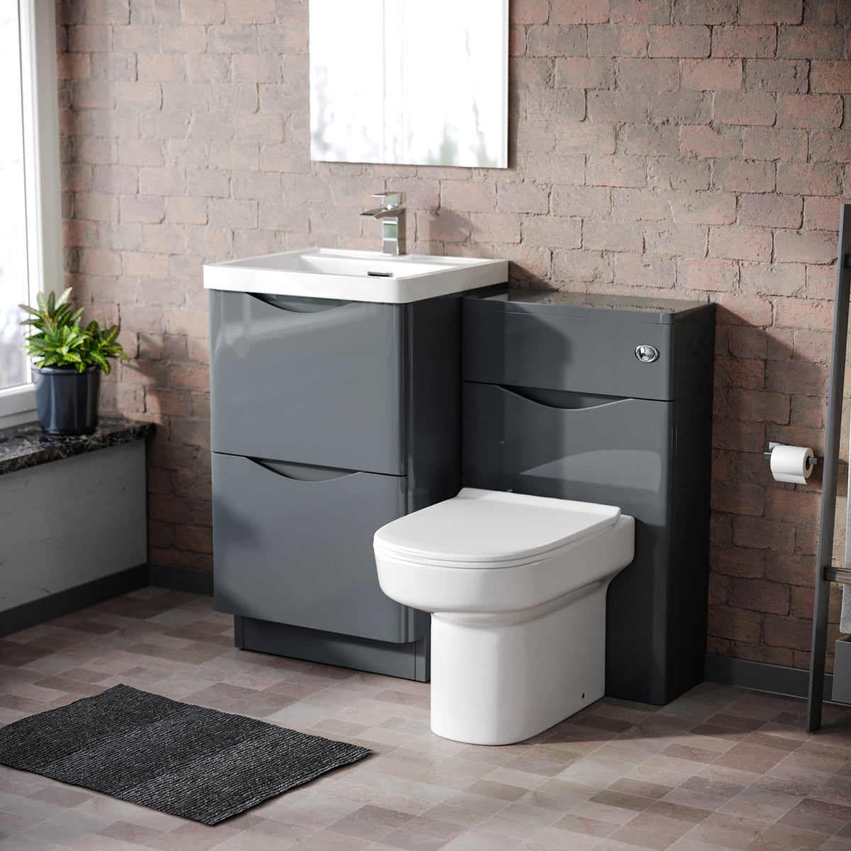 Merton 1000mm 2 Drawer Vanity Basin Unit, WC Unit & Chem Back to Wall Toilet Grey