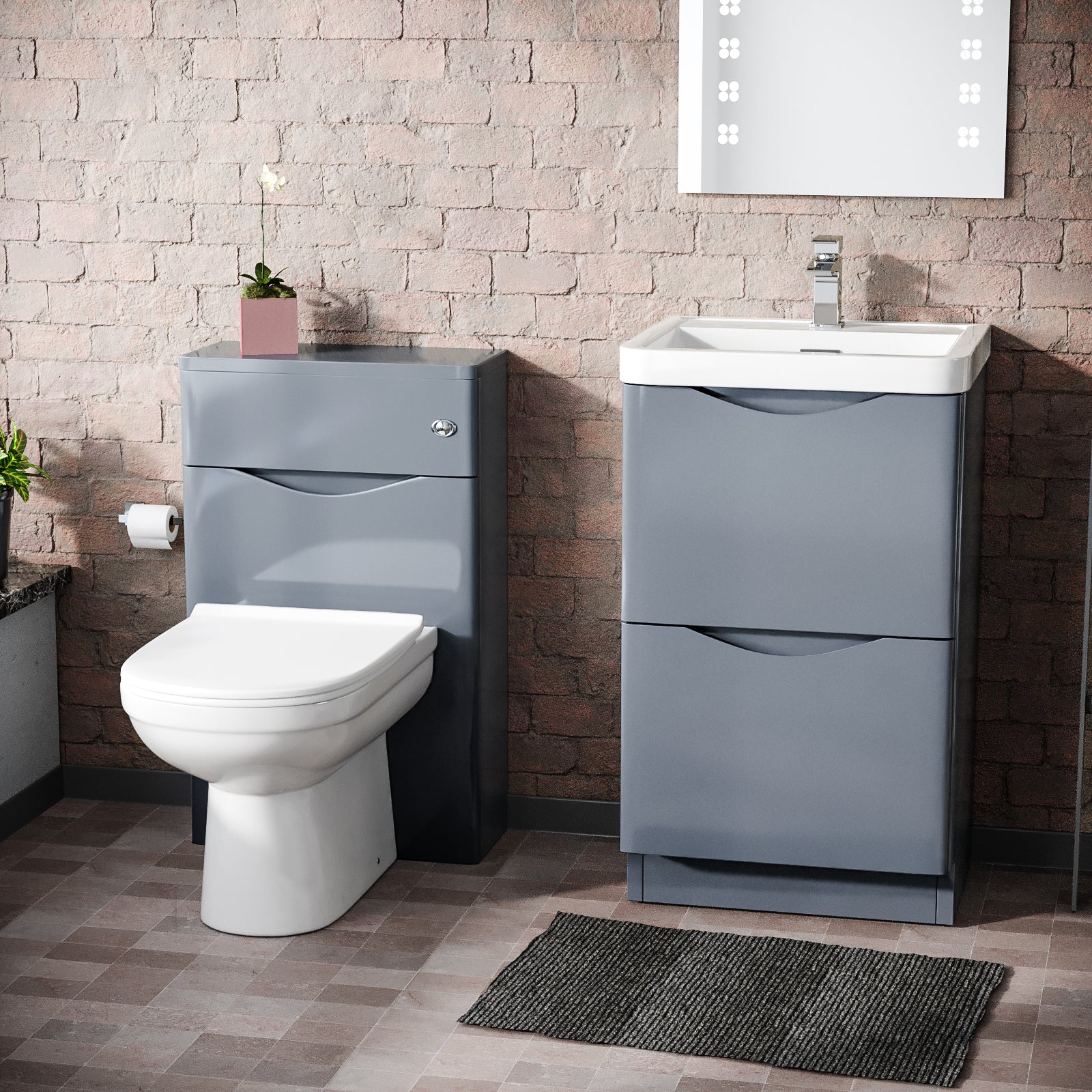 Merton Grey 500mm 2 Drawer Vanity Basin Unit, WC Unit & Elso Back to Wall Toilet
