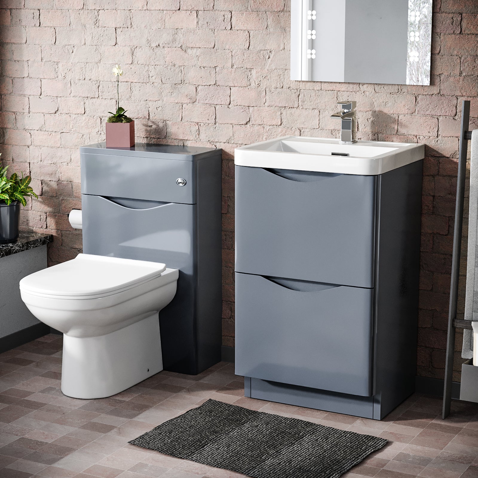 Merton Grey 500mm 2 Drawer Vanity Basin Unit, WC Unit & Elso Back to Wall Toilet