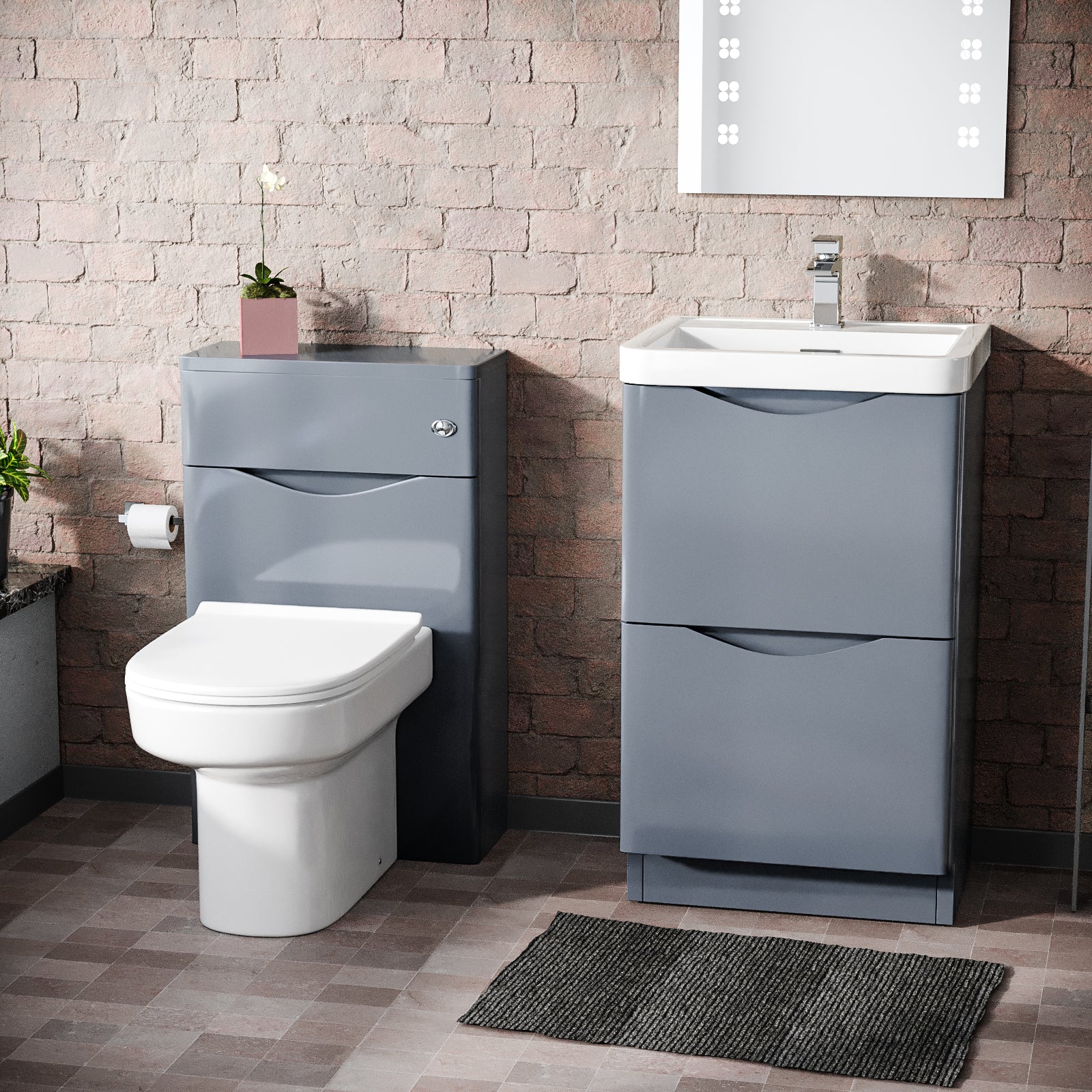 Merton Grey 500mm 2 Drawer Vanity Basin Unit, WC Unit & Chem Back to Wall Toilet