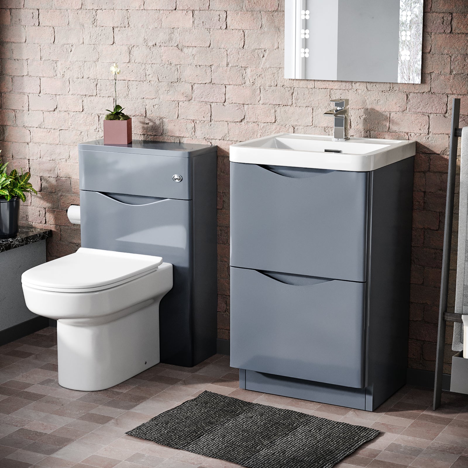 Merton Grey 500mm 2 Drawer Vanity Basin Unit, WC Unit & Chem Back to Wall Toilet