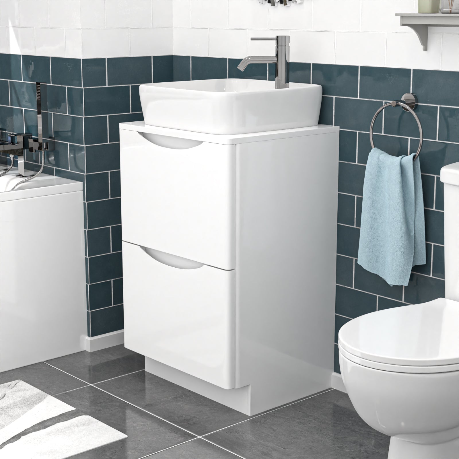 Merton 500mm White Drawers Vanity, Worktop & Square Rounded Corner Basin