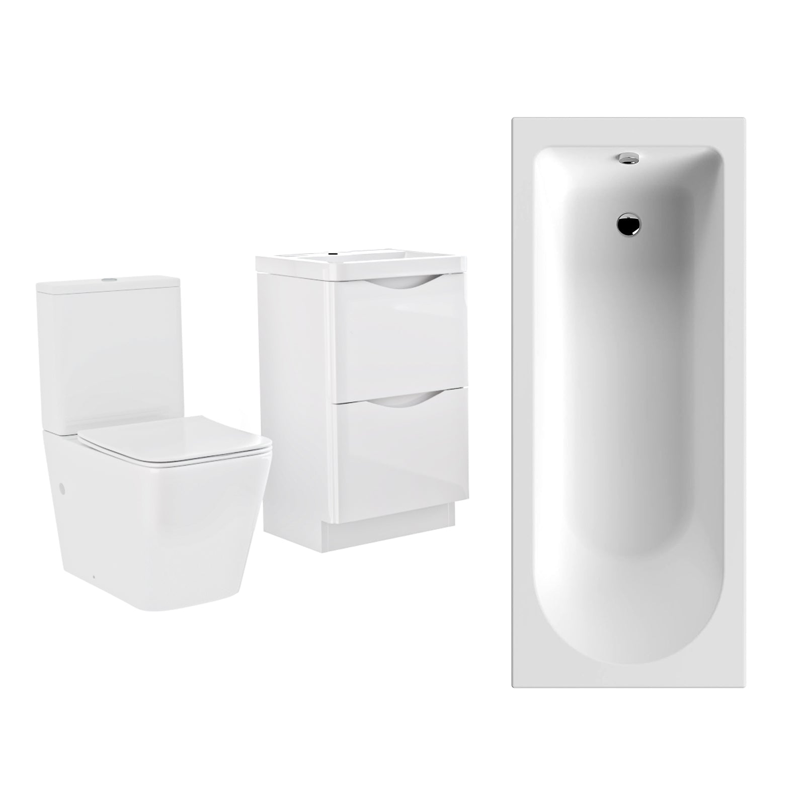 White 1700mm Bath 500mm Vanity Basin Unit with Modern Rimless Toilet