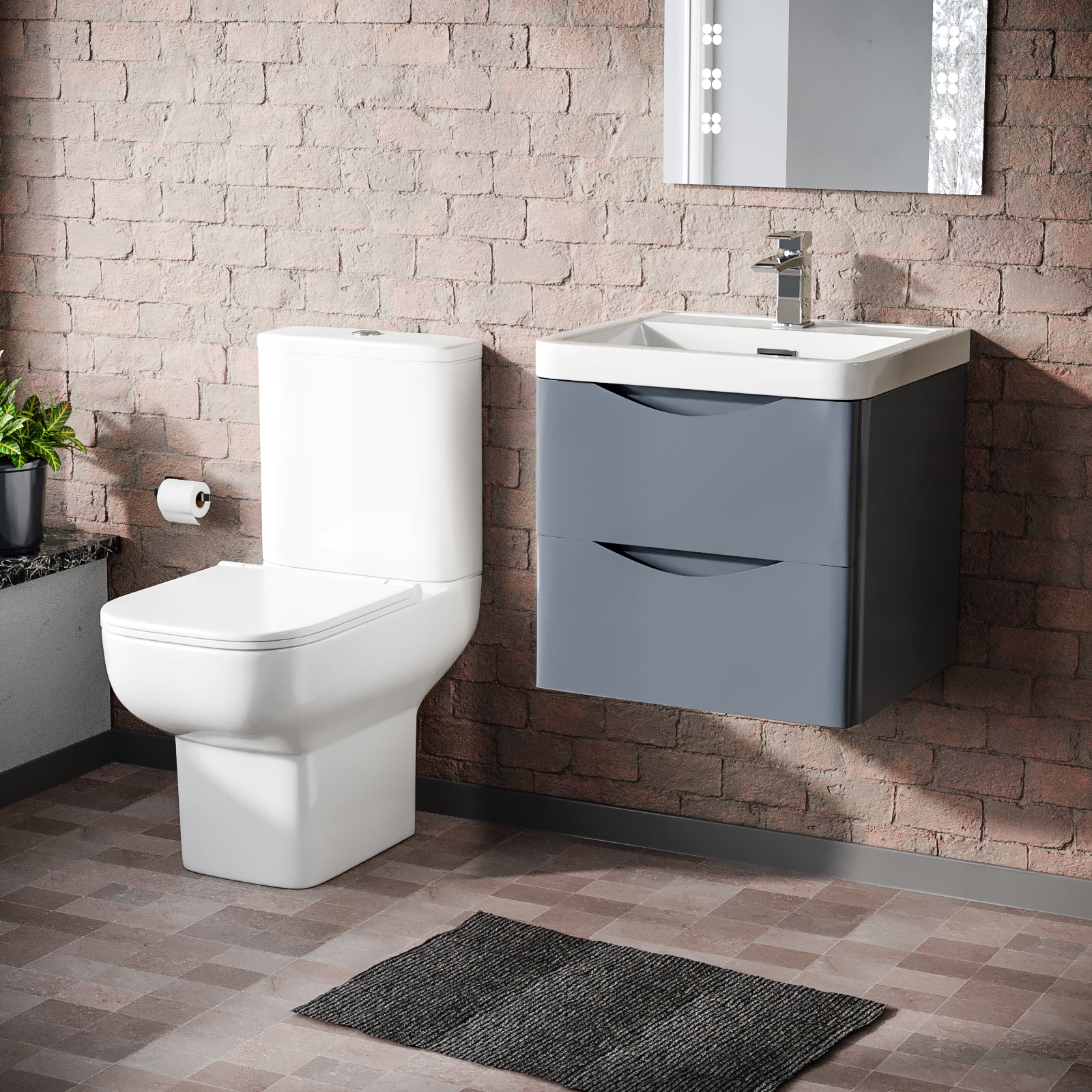 Merton Grey 500mm Wall Hung Vanity Basin Unit & Close Coupled Toilet