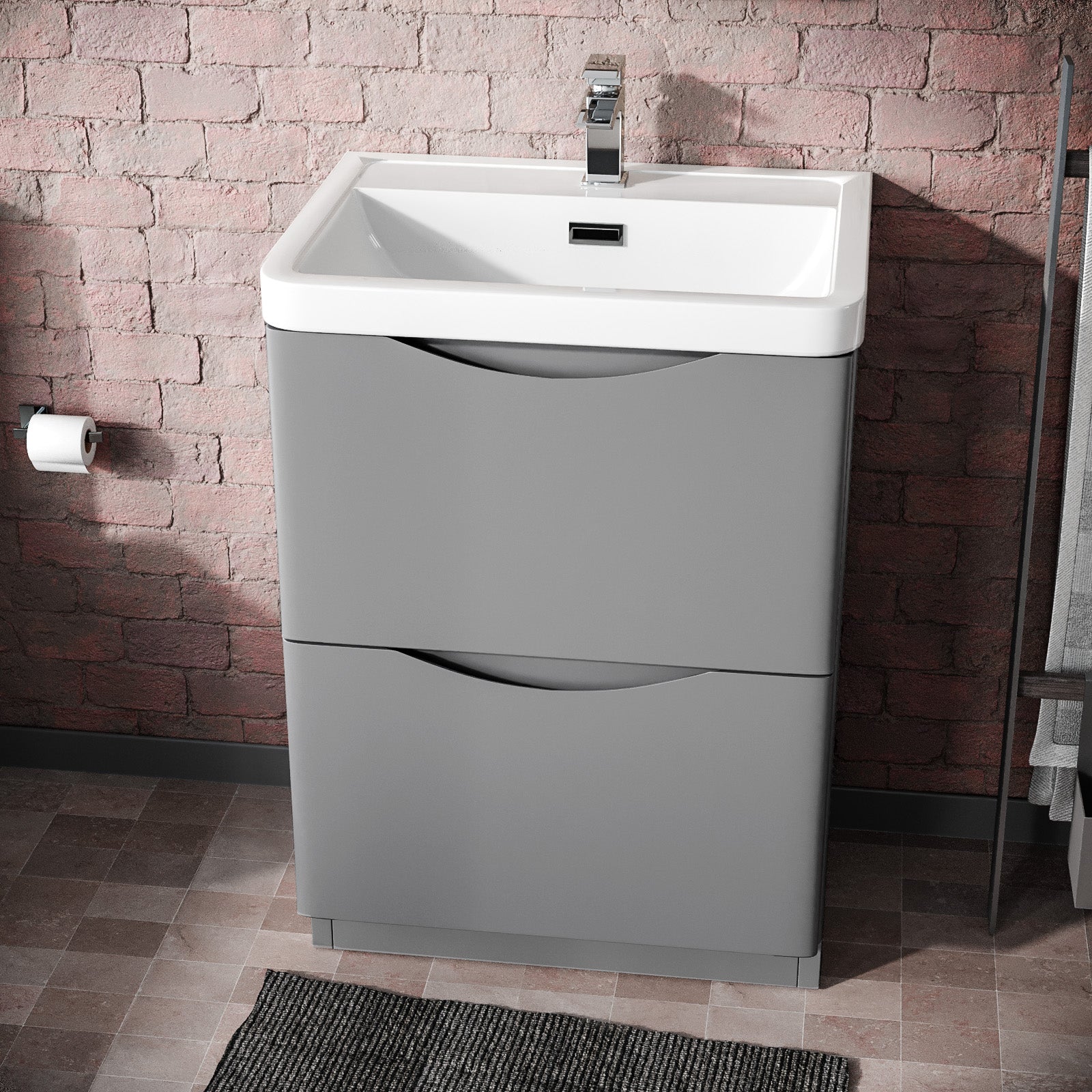 Merton 600mm Grey Vanity Cabinet and Basin Mixer Tap with Waste Set