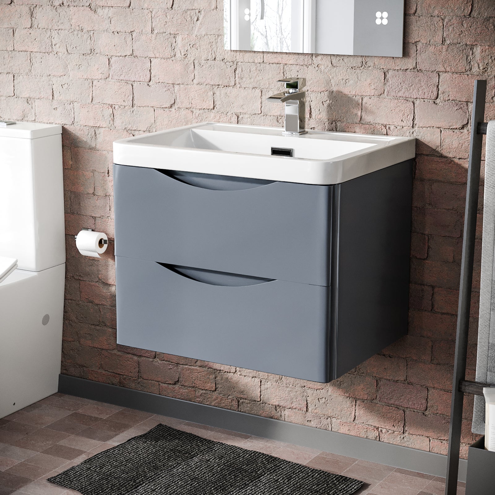 Merton Steel Grey 600mm Gloss Bathroom Wall Hung Basin Vanity Unit