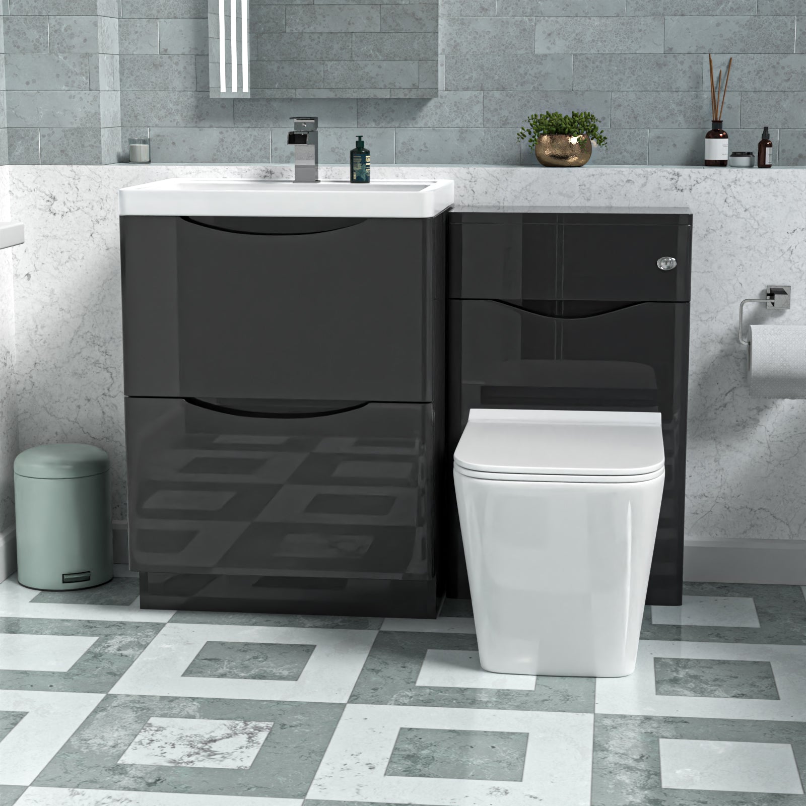 Merton Dark Grey 600mm Freestanding Basin Vanity WC Unit & Square BTW Toilet