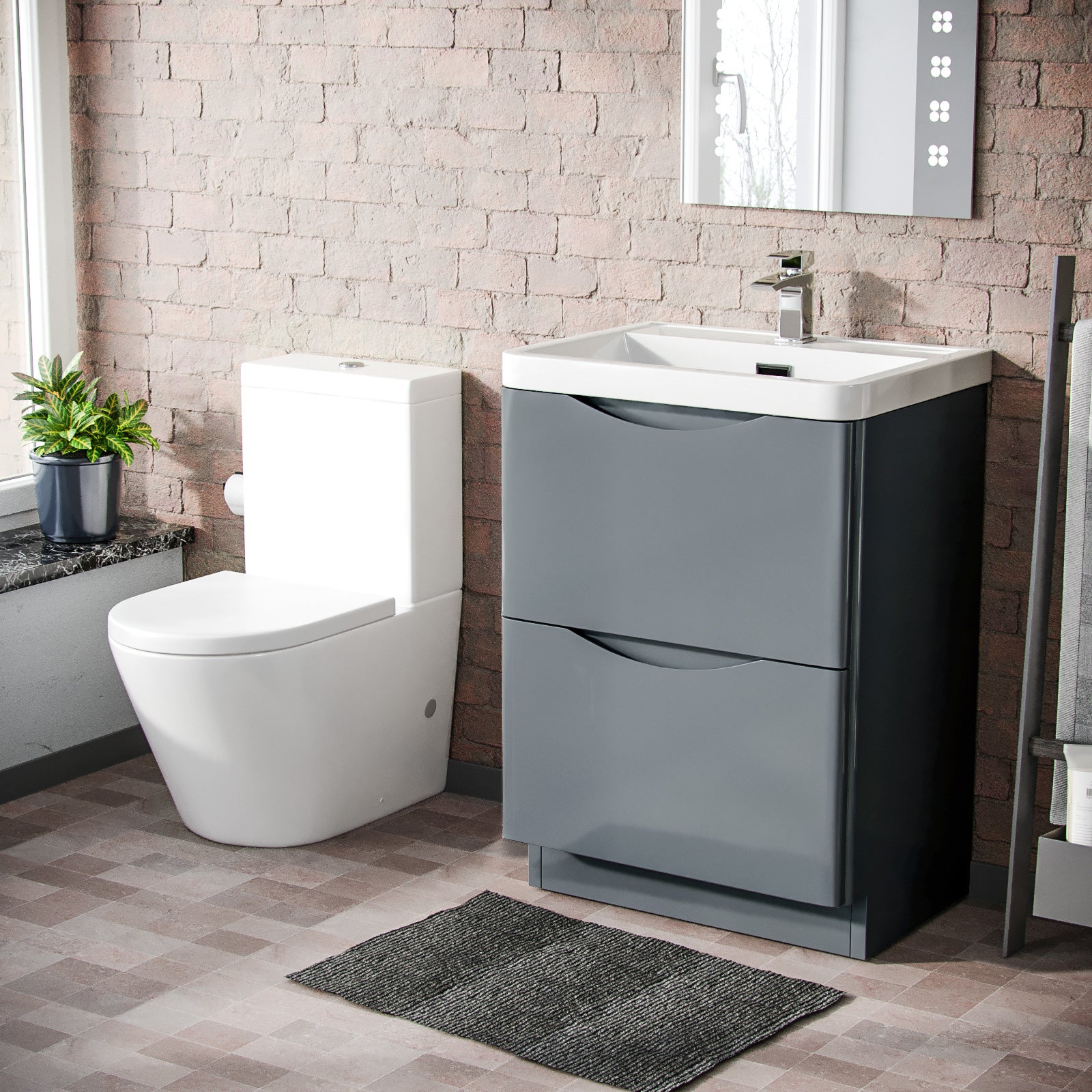 Merton Grey 600 mm Basin Sink Vanity and Rimless Close Coupled Toilet