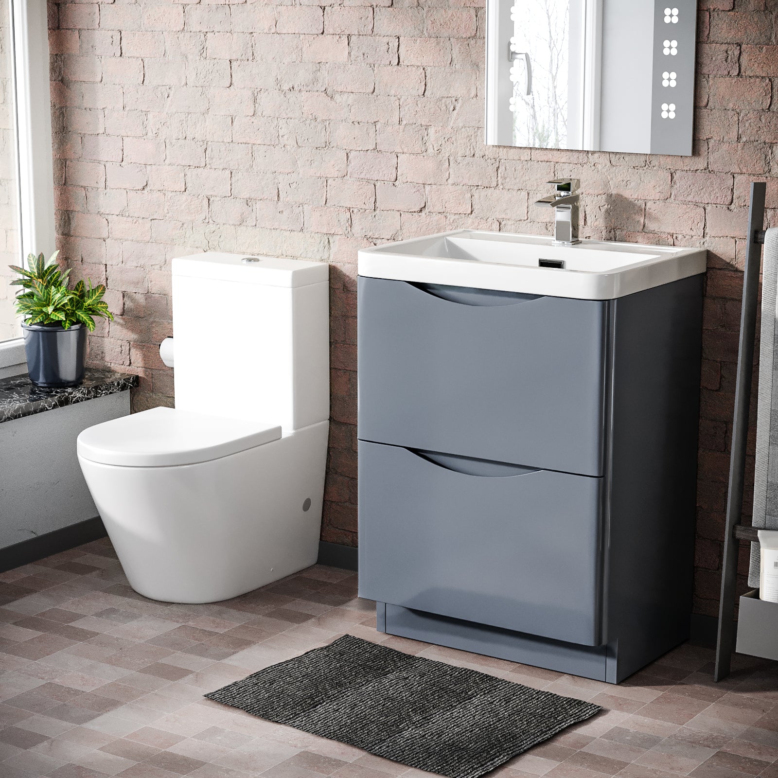 Merton Grey 600mm Basin Sink Vanity and Rimless Close Coupled Toilet