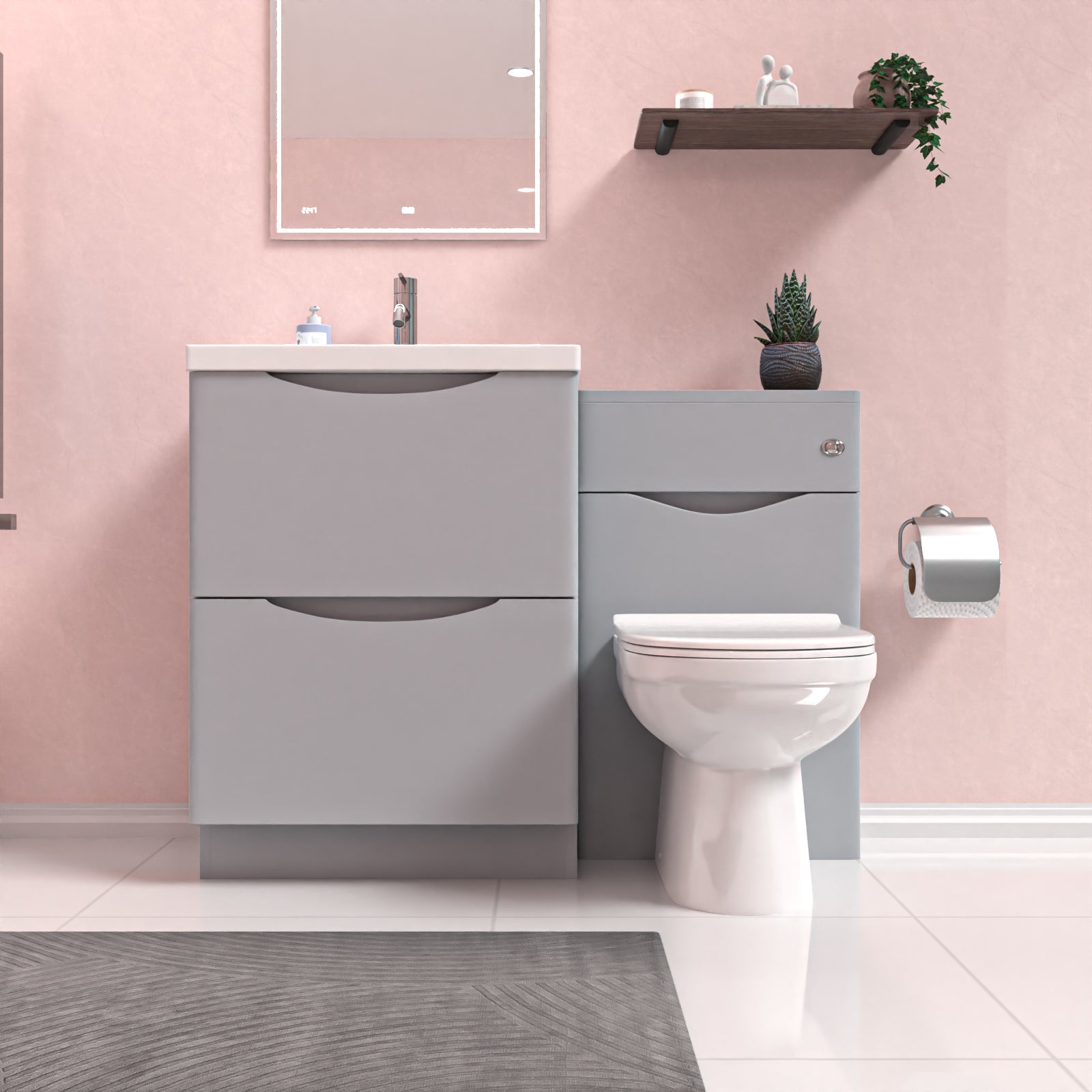 Merton 1100mm Freestanding Matte Grey Vanity Cabinet, WC & Round BTW Toilet