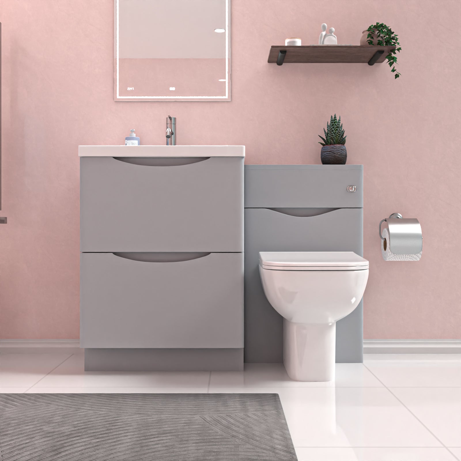 Merton 1100mm Freestanding Matte Grey Vanity Cabinet, WC & Rimless Modern BTW Toilet