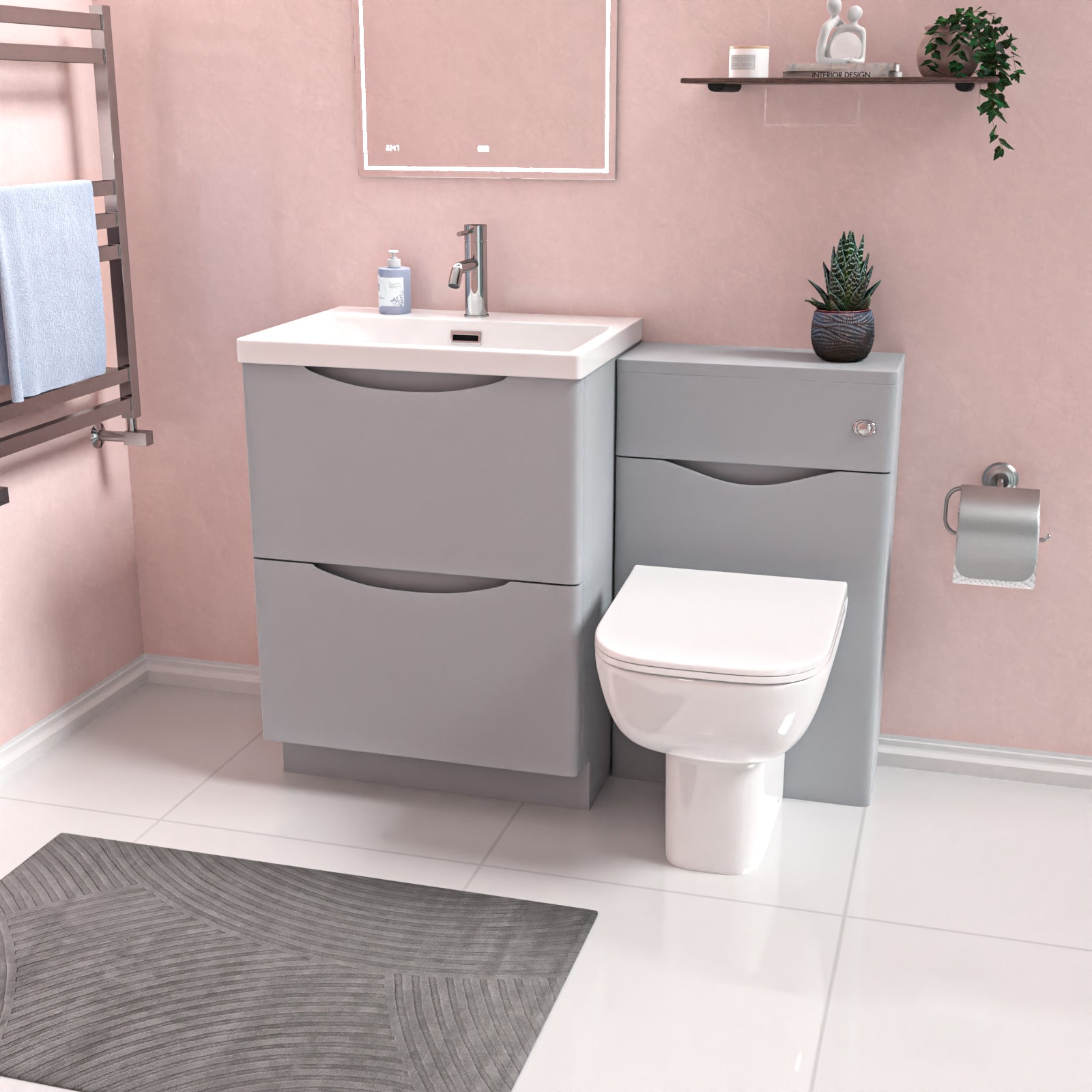 Merton 1100mm Freestanding Matte Grey Vanity Cabinet, WC & Rimless Modern BTW Toilet