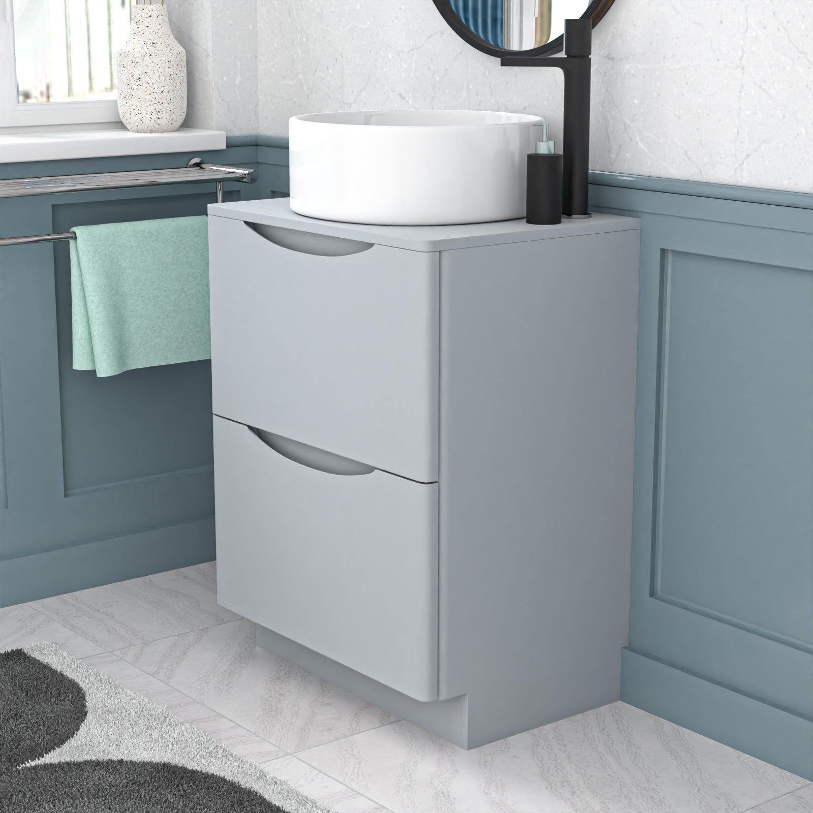 Merton 600mm Freestanding Matte Grey Vanity Unit Round Basin