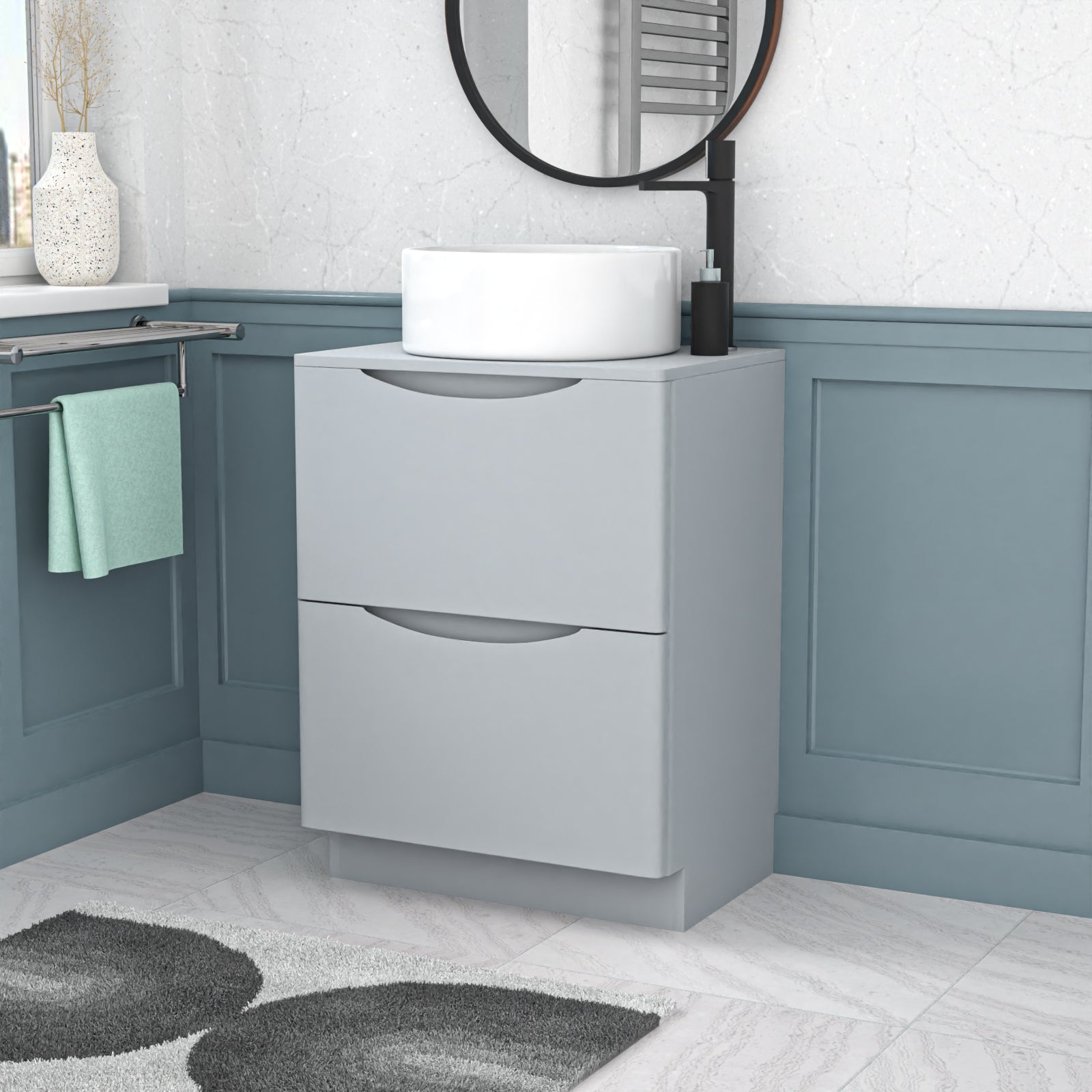Merton 600mm Freestanding Matte Grey Vanity Unit Round Basin