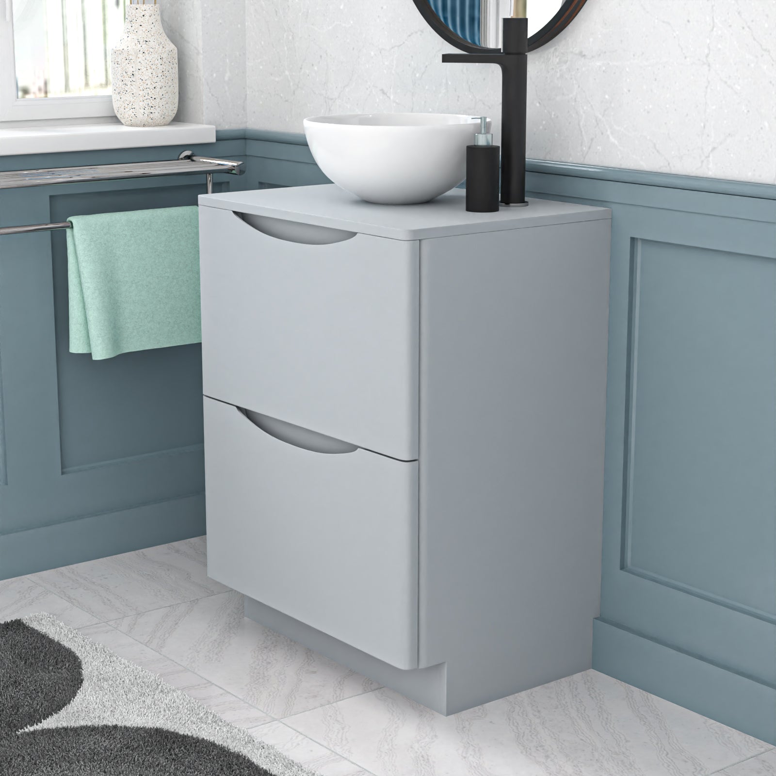 Merton 600mm Freestanding Matte Grey Vanity Unit Round Bowl Basin