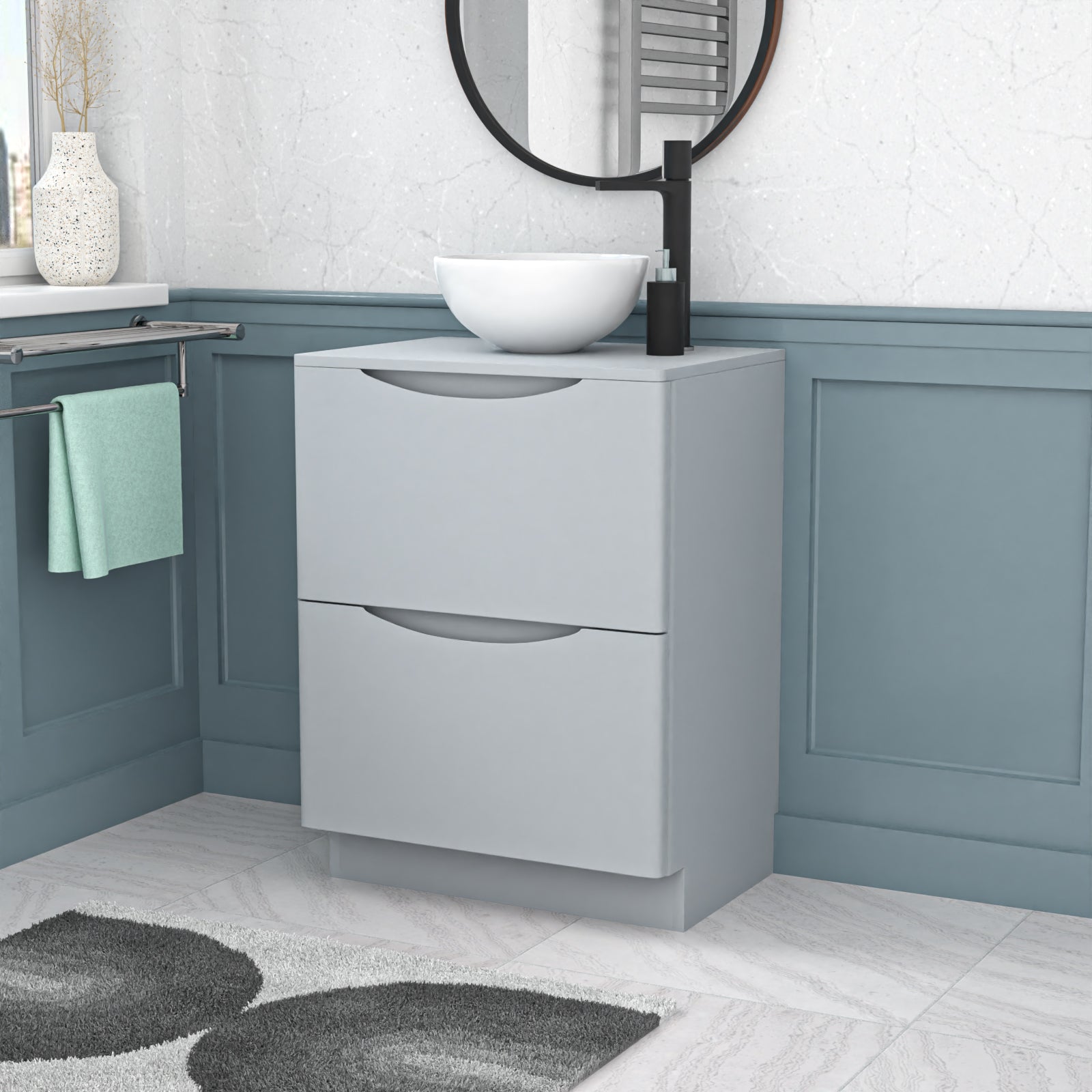 Merton 600mm Freestanding Matte Grey Vanity Unit Round Bowl Basin