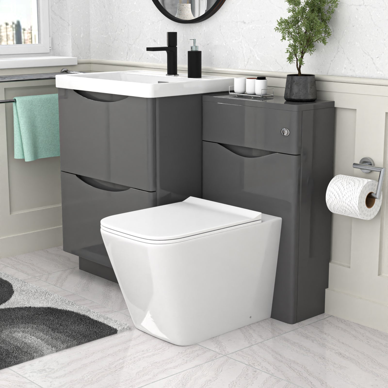 Merton 1100mm Grey Freestanding Vanity Cabinet, WC & Square BTW Toilet