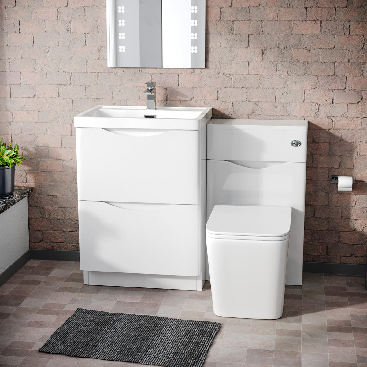 Merton 1100mm Freestanding White Vanity Cabinet, WC & Rimless Square BTW Toilet Set