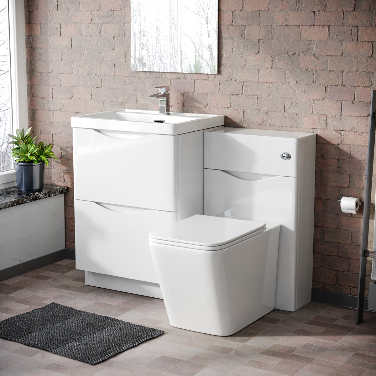 Merton 1100mm Freestanding White Vanity Cabinet, WC & Rimless Square BTW Toilet Set