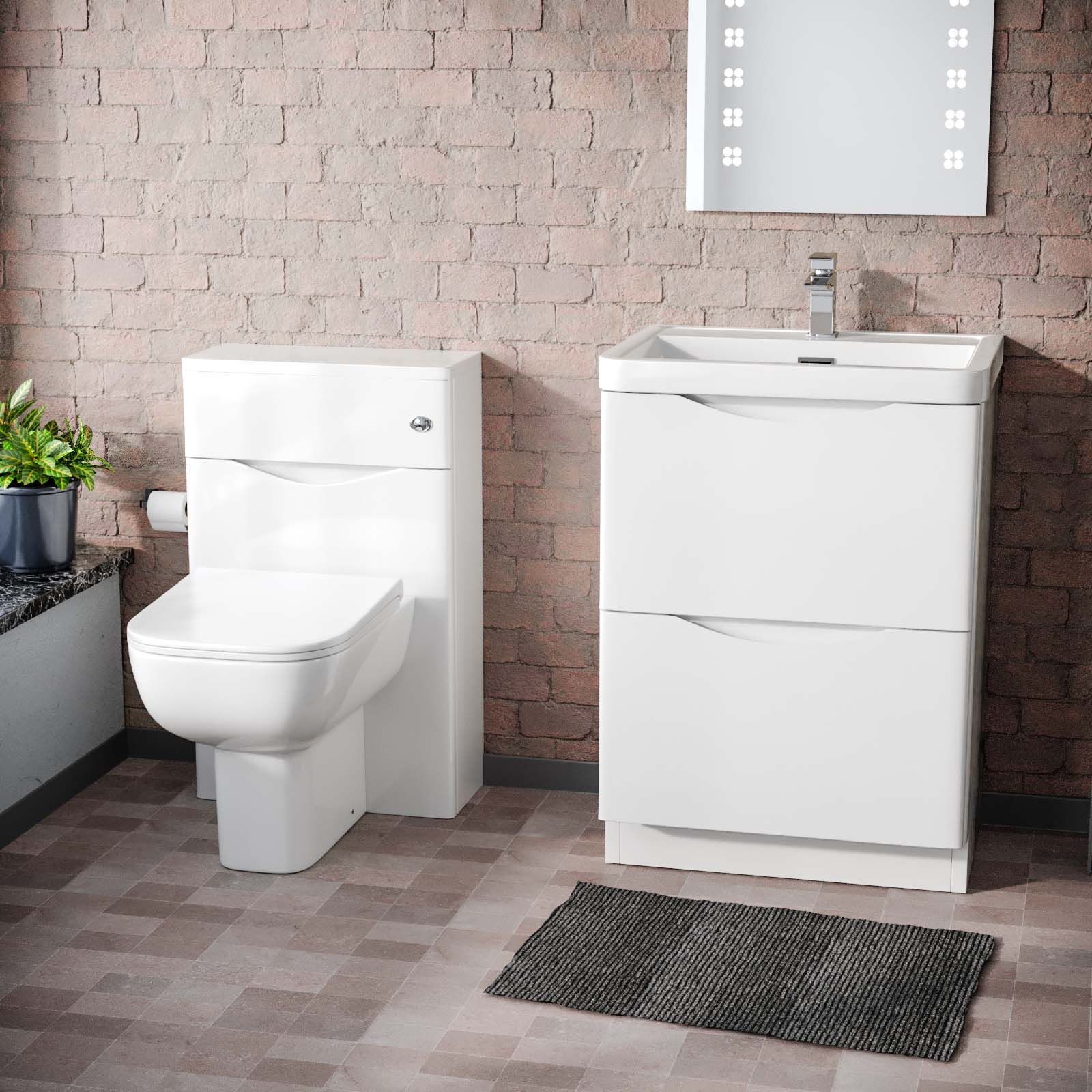 Merton 600mm Freestanding White Basin Vanity Cabinet, WC & Rimless Modern BTW Toilet Set