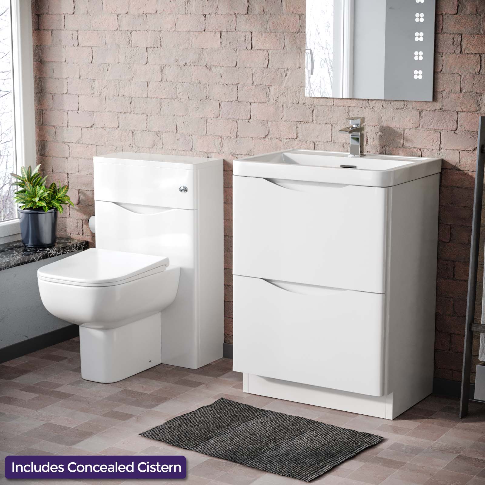 Merton 600mm Freestanding White Basin Vanity Cabinet, WC & Rimless Modern BTW Toilet Set
