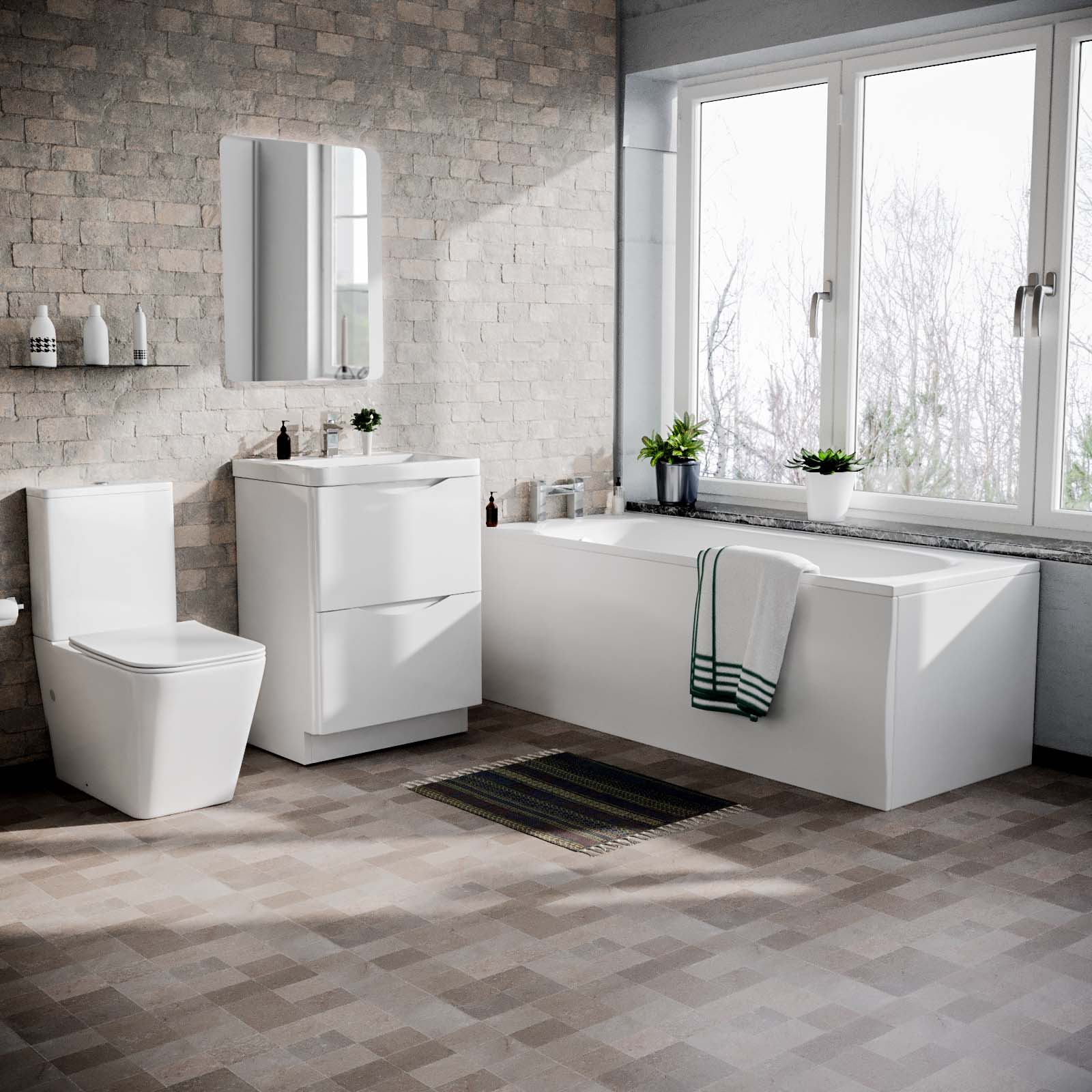 Merton 1700mm Bath, 600mm Vanity Basin Unit & Modern Rimless Toilet White