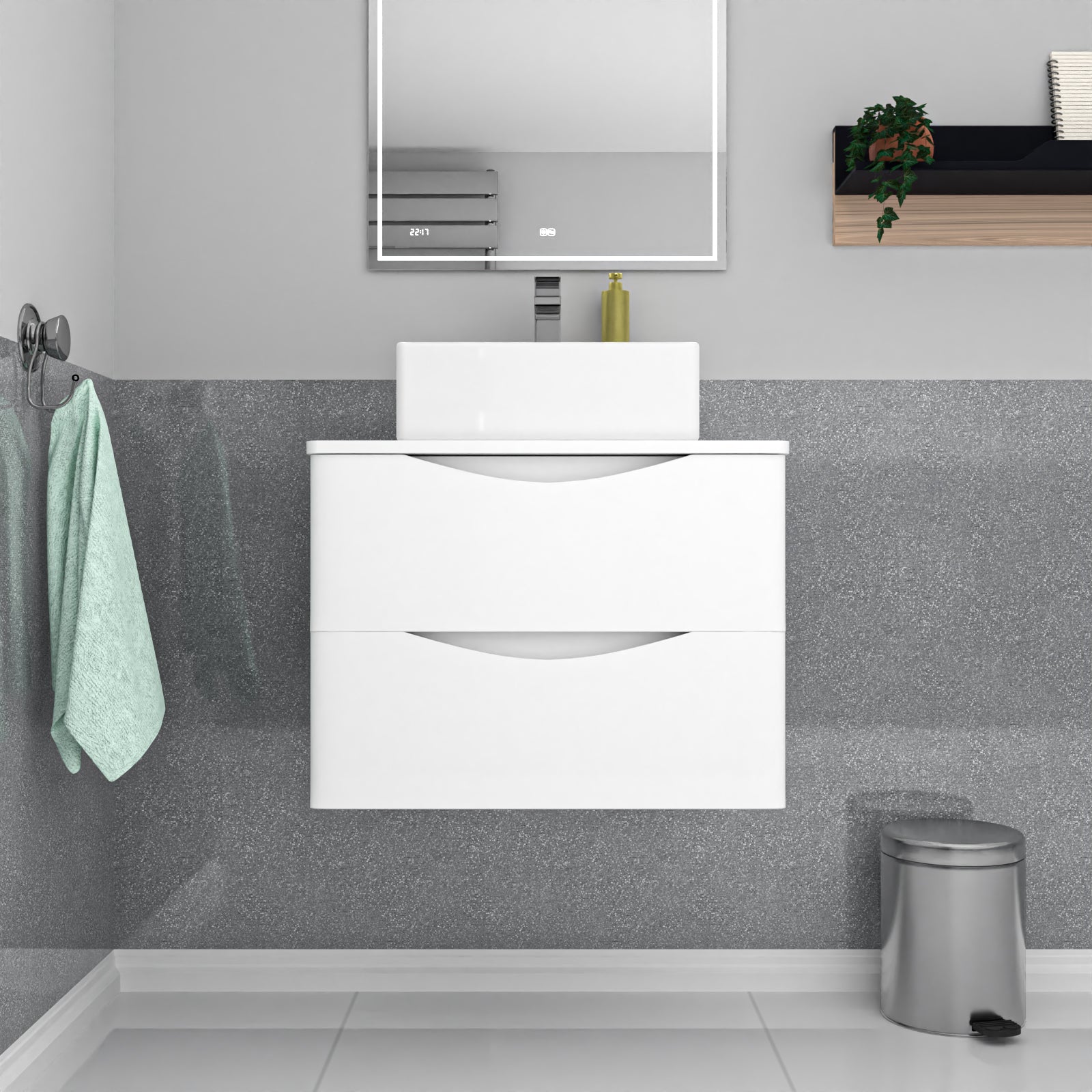 Merton 600mm Wall Hung White 2 Drawers Vanity & Worktop With Square Basin
