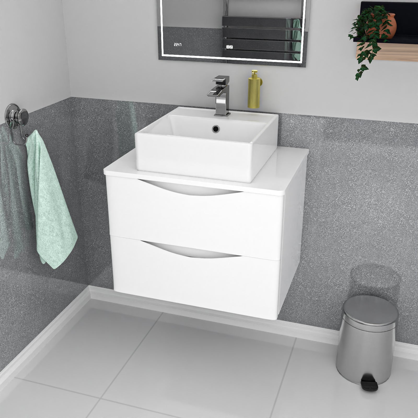 Merton 600mm Wall Hung White 2 Drawers Vanity & Worktop With Square Basin