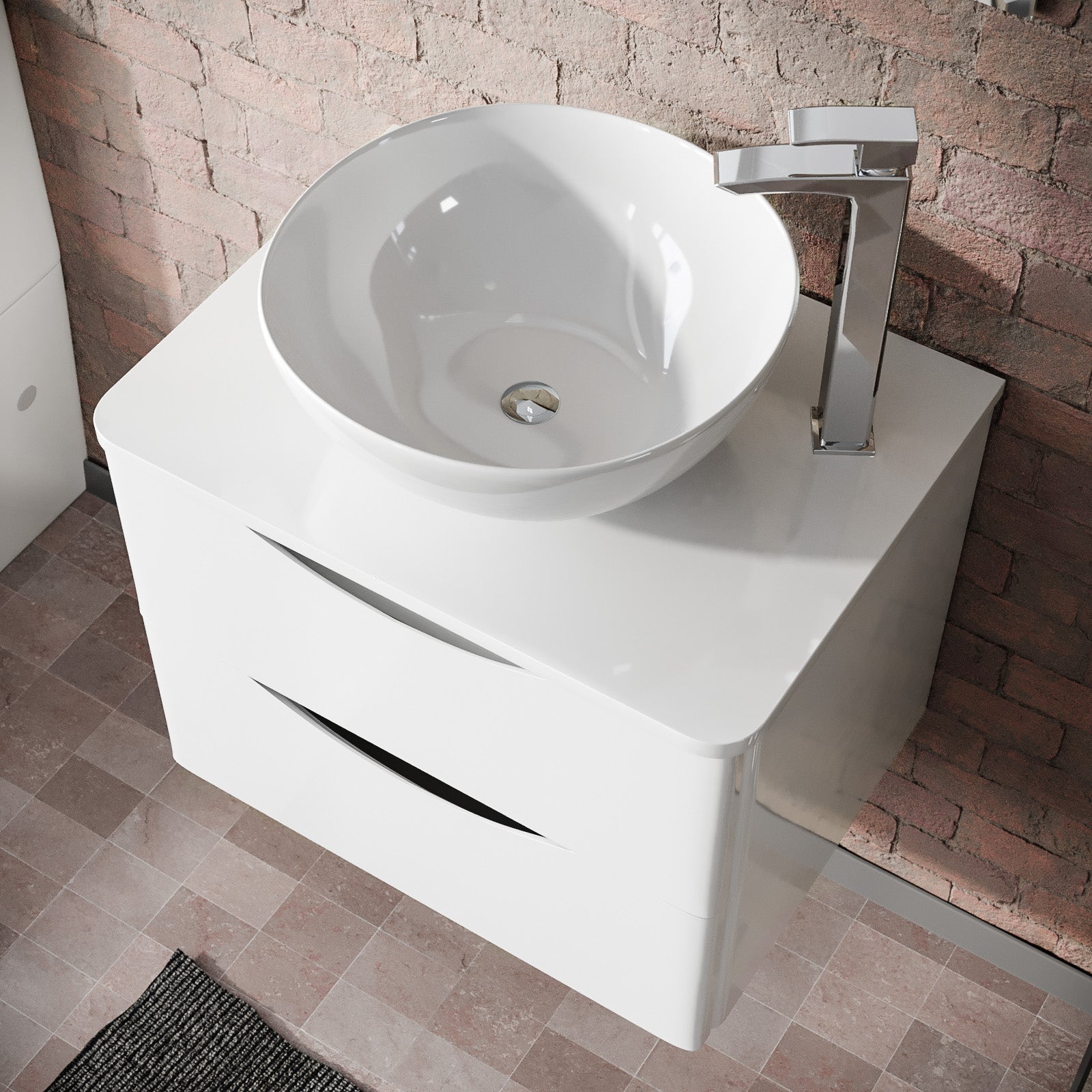 Merton White 600mm Bathroom Wall Hung Vanity Unit With Round Ceramic Countertop 320mm Basin