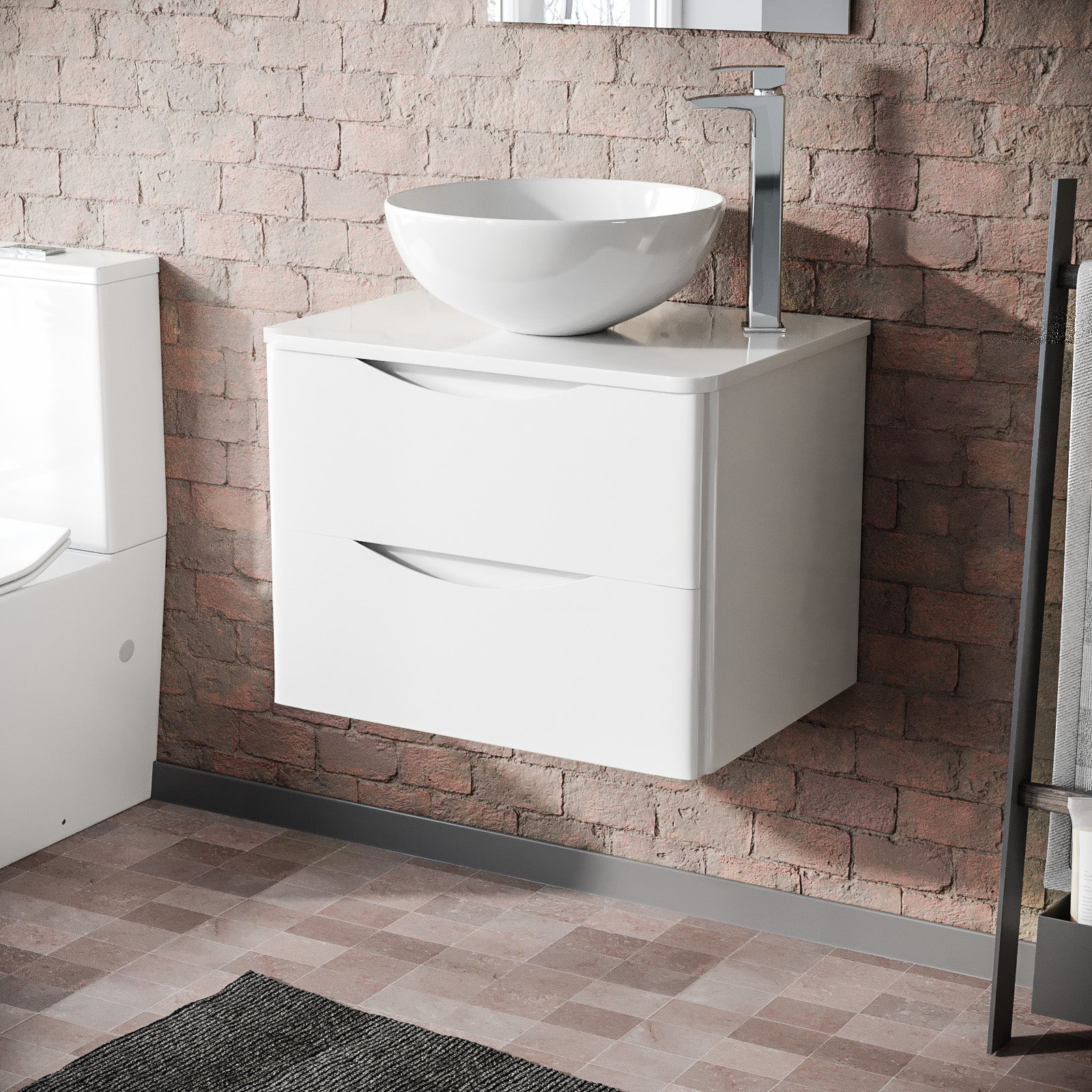 Merton White 600mm Bathroom Wall Hung Vanity Unit With Round Ceramic Countertop 320mm Basin