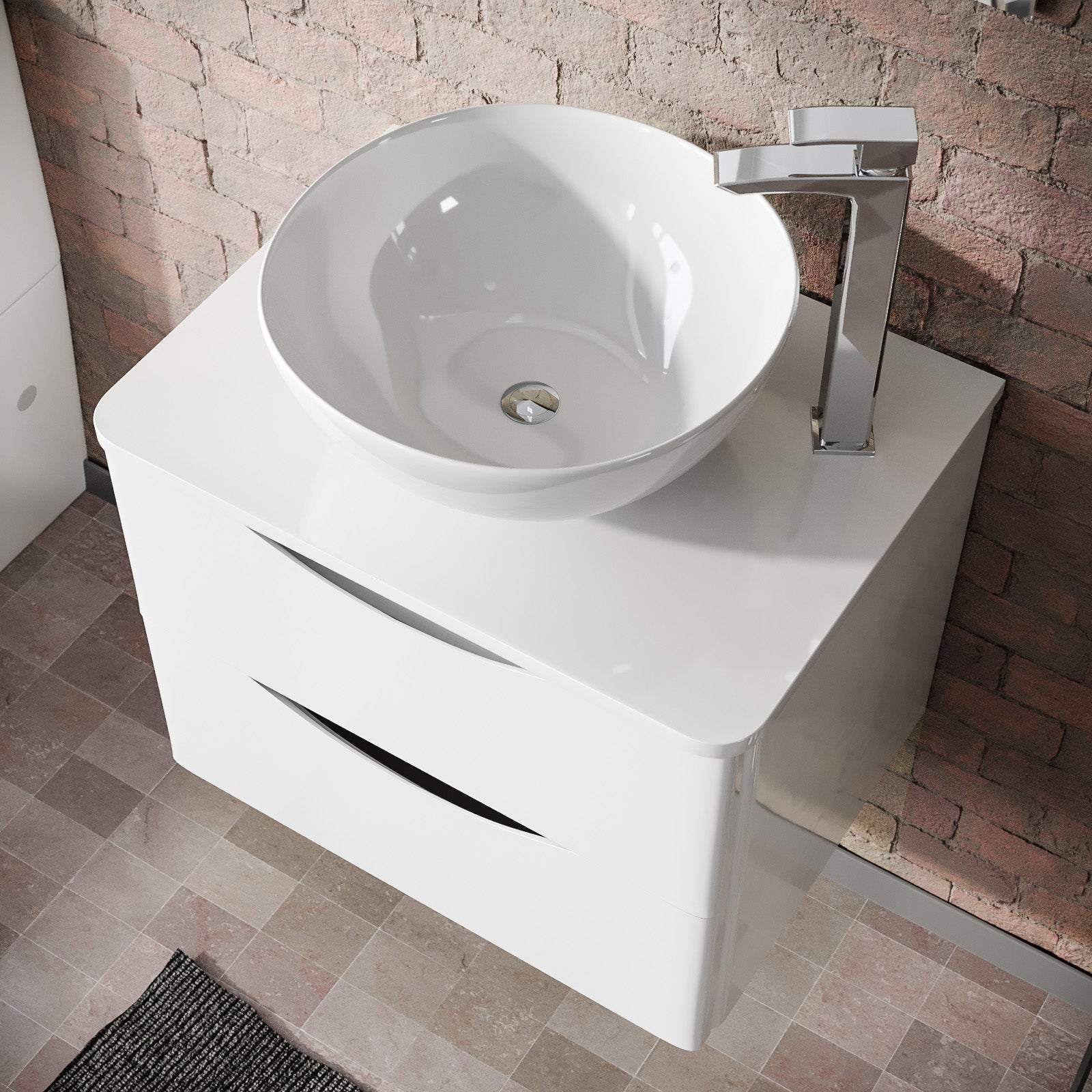 Merton White 600mm Bathroom Wall Hung Vanity Unit With Round Ceramic Countertop 420mm Basin
