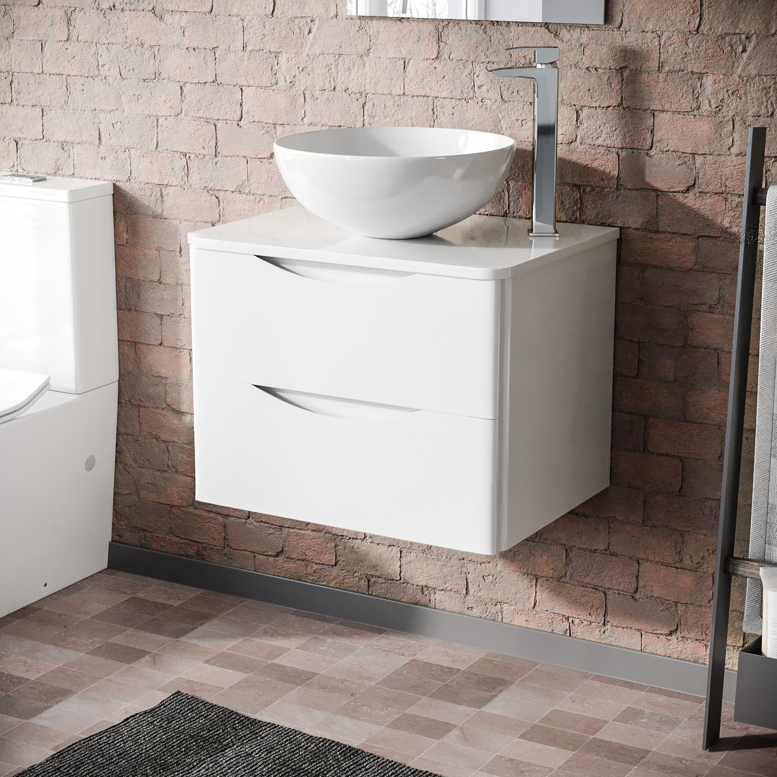 Merton White 600mm Bathroom Wall Hung Vanity Unit With Round Ceramic Countertop 420mm Basin