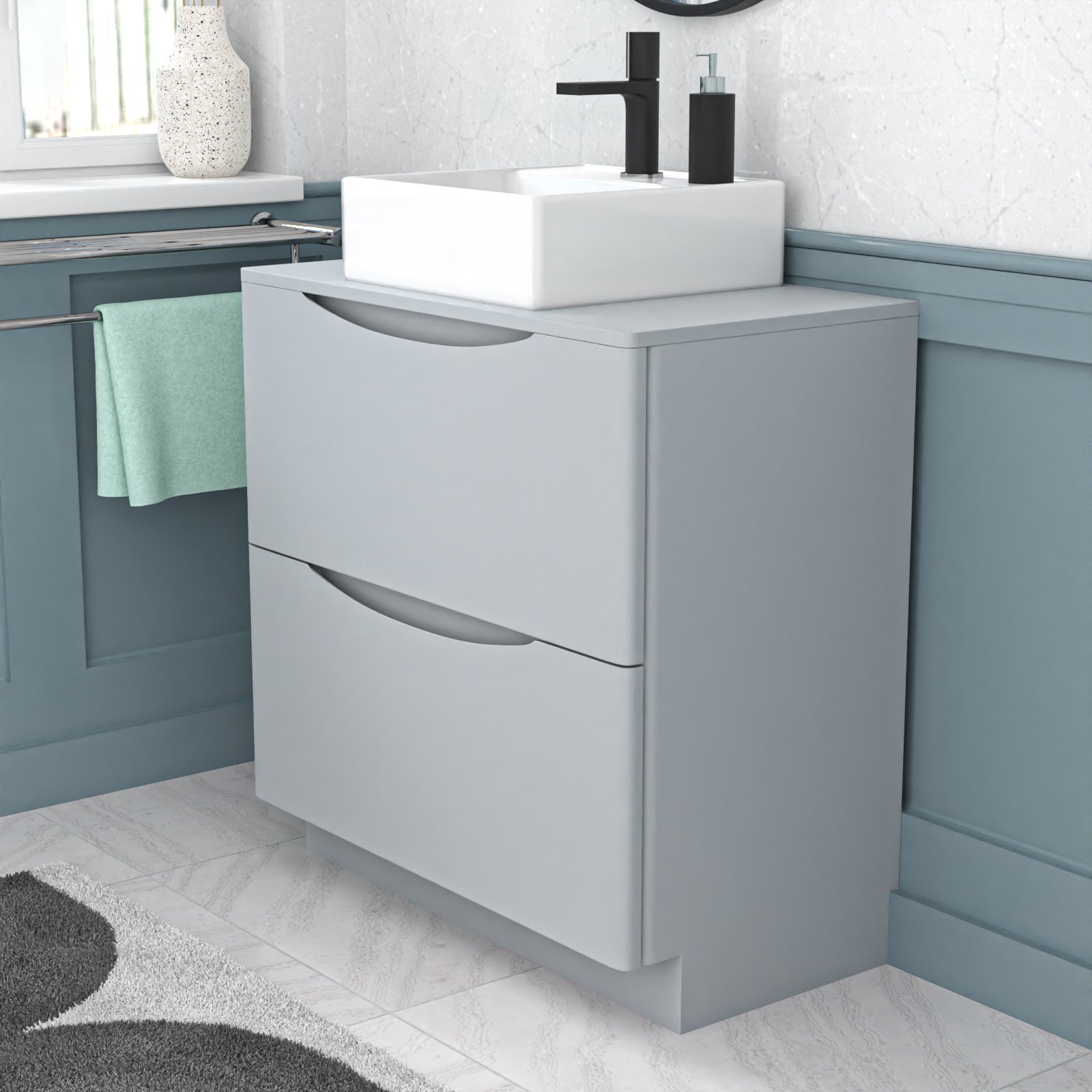 Merton 800mm Matte Grey Bathroom 2 Drawers Vanity & Worktop With Square Basin
