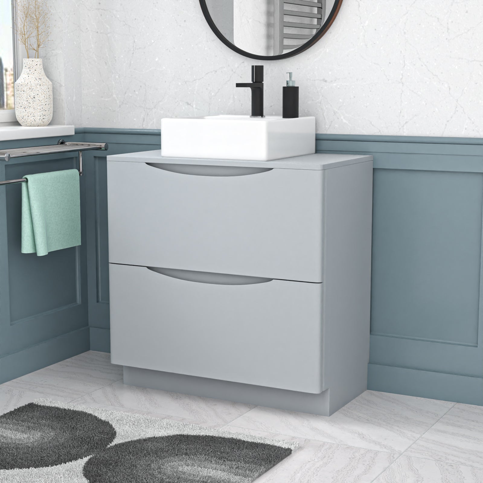 Merton 800mm Matte Grey Bathroom 2 Drawers Vanity & Worktop With Square Basin