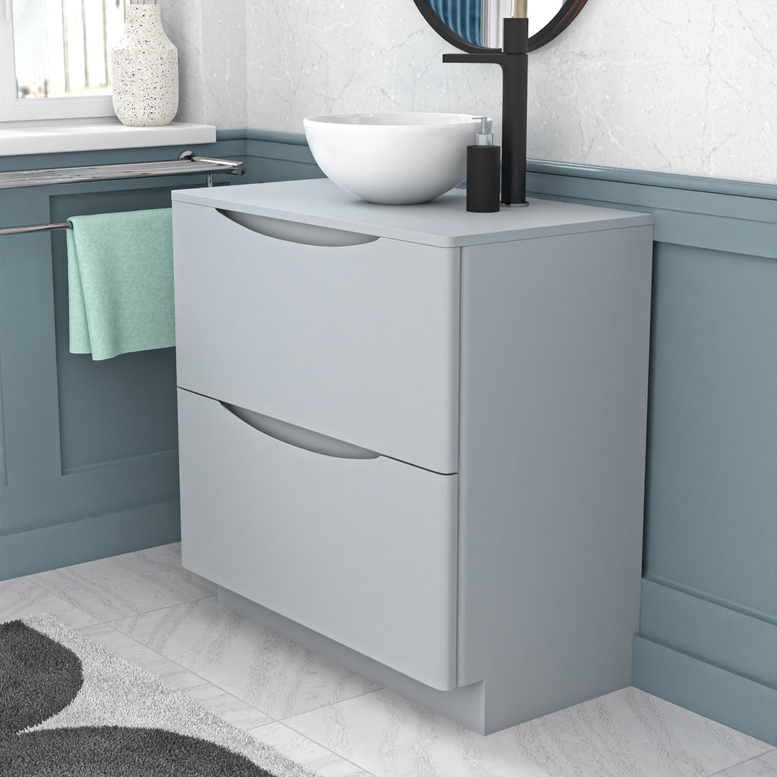 Merton Matte Grey 800mm Bathroom Freestanding Vanity Unit Round Ceramic Basin