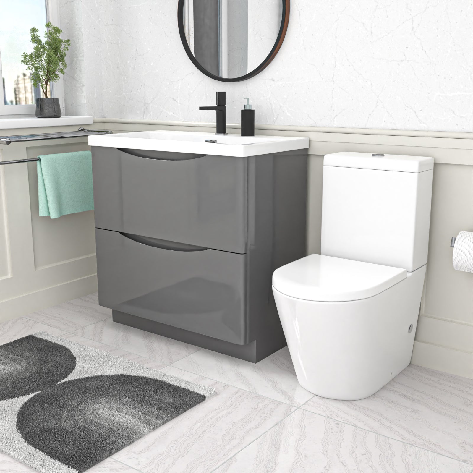 Merton Grey 800mm Basin Vanity Unit and Rimless Close Coupled Toilet
