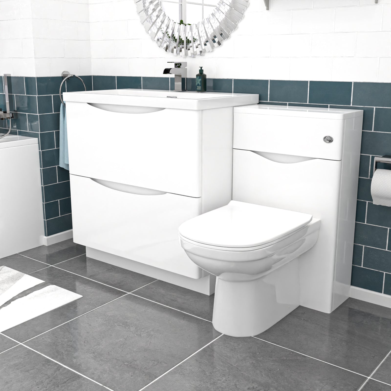 Bathroom setup with white toilet and vanity
