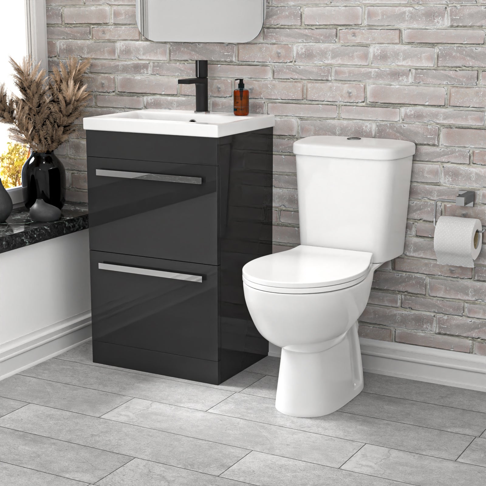 Nanuya 500mm Dark Grey 2 Drawers Vanity White Close Coupled Toilet