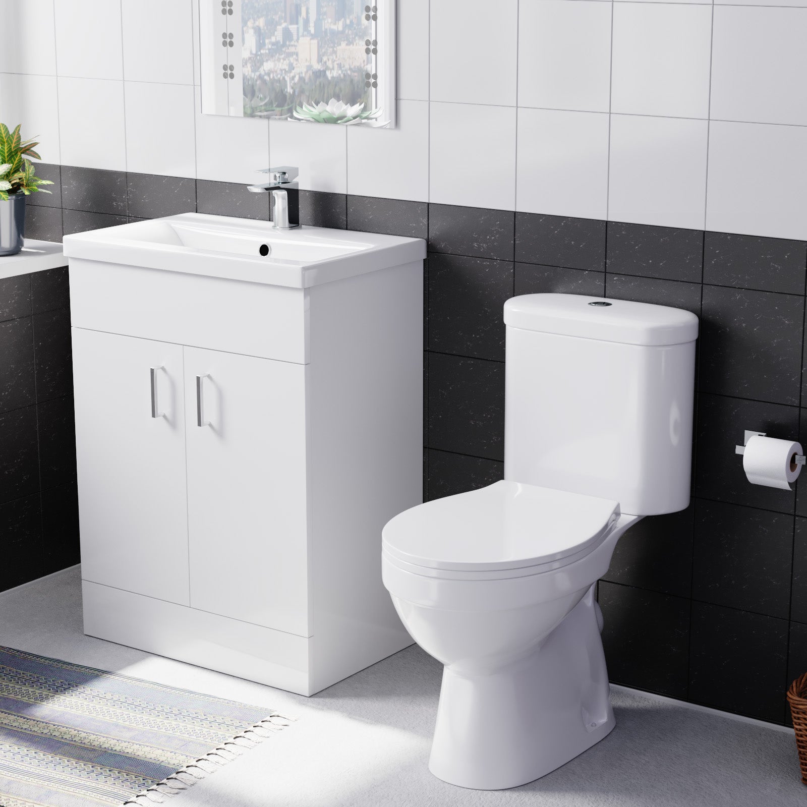 Nanuya 500mm White Floorstanding Basin Vanity and Close Coupled Toilet Set