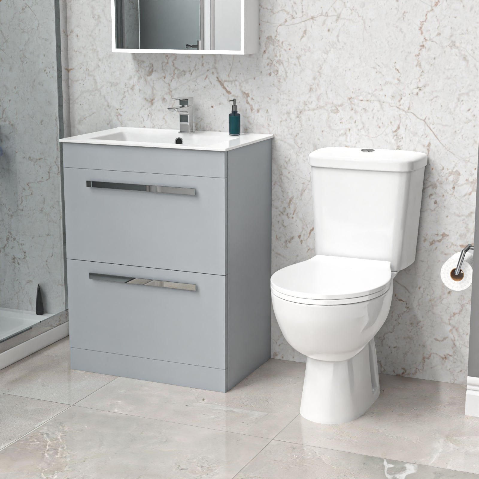 Nanuya 600mm Matte Grey Slim Basin 2 Drawers Vanity Cabinet & WC Toilet Pan