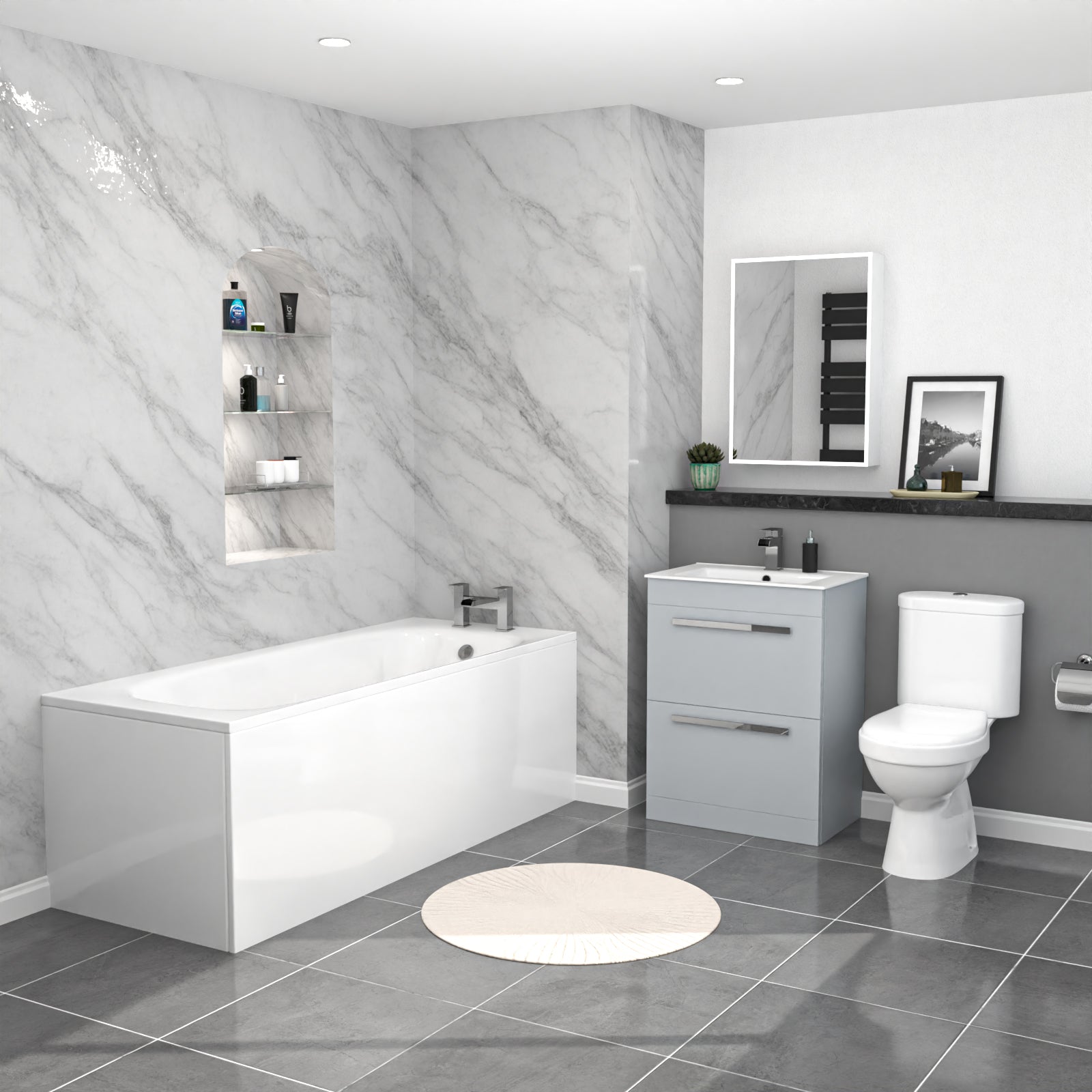 Nanuya 1700mm Bath, Toilet & Matte Grey 2 Drawer Vanity Slim Basin Cabinet