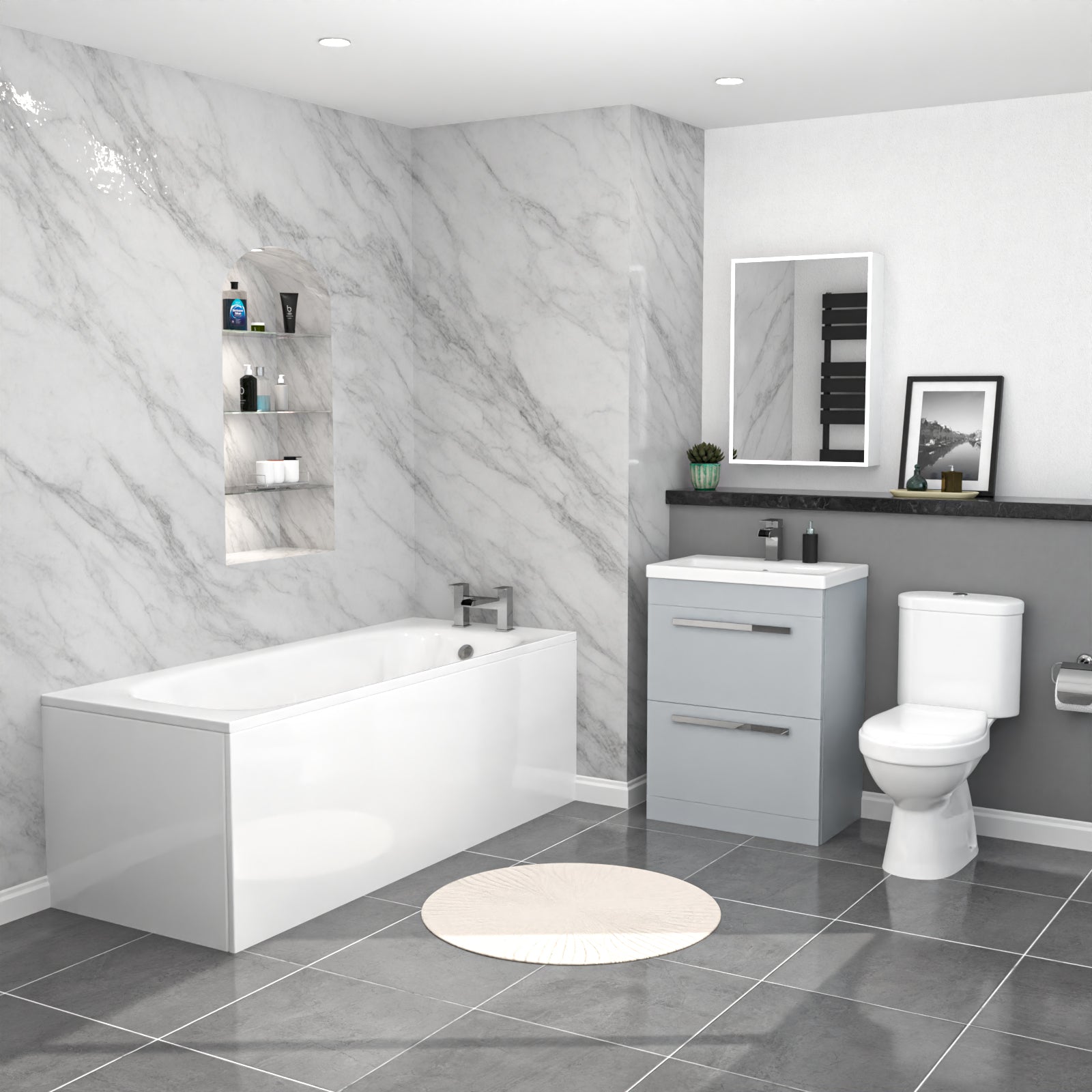 1700mm Bath, Close Coupled Toilet & Matte Grey Drawers Basin Vanity