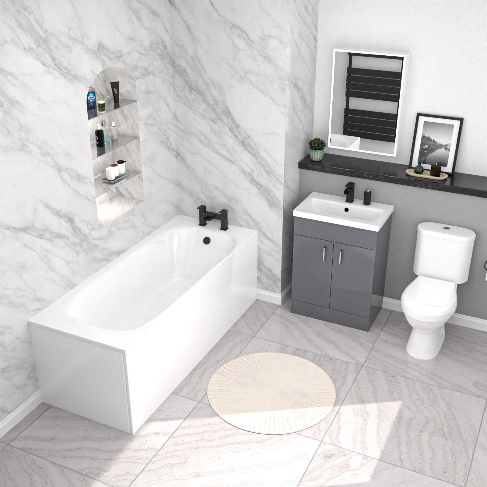 Nanuya 1700mm Bath, 600 mm Grey Vanity Basin Cabinet Flat Pack & Close Coupled Toilet