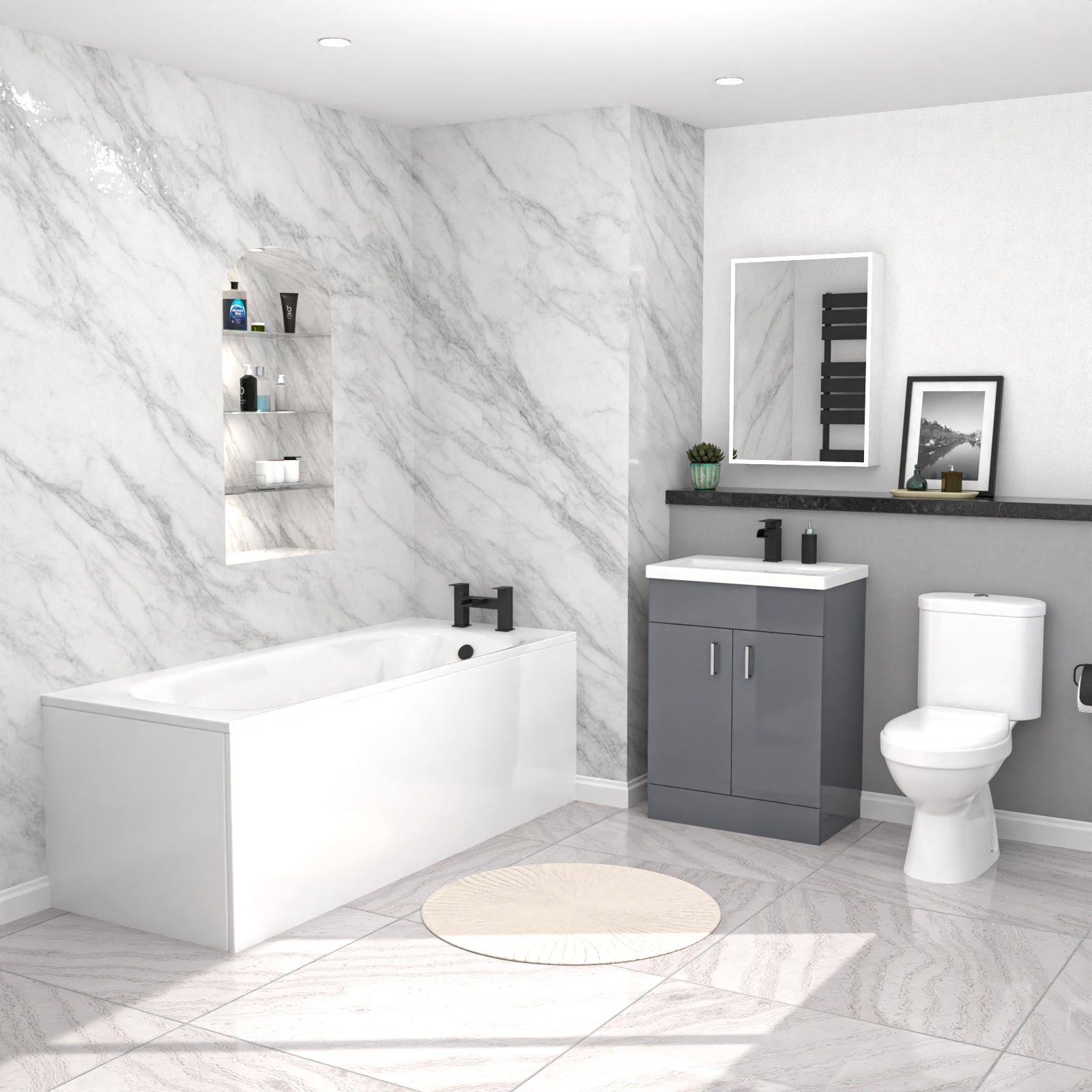 Nanuya 1700mm Bath, 600 mm Grey Vanity Basin Cabinet & Close Coupled Toilet