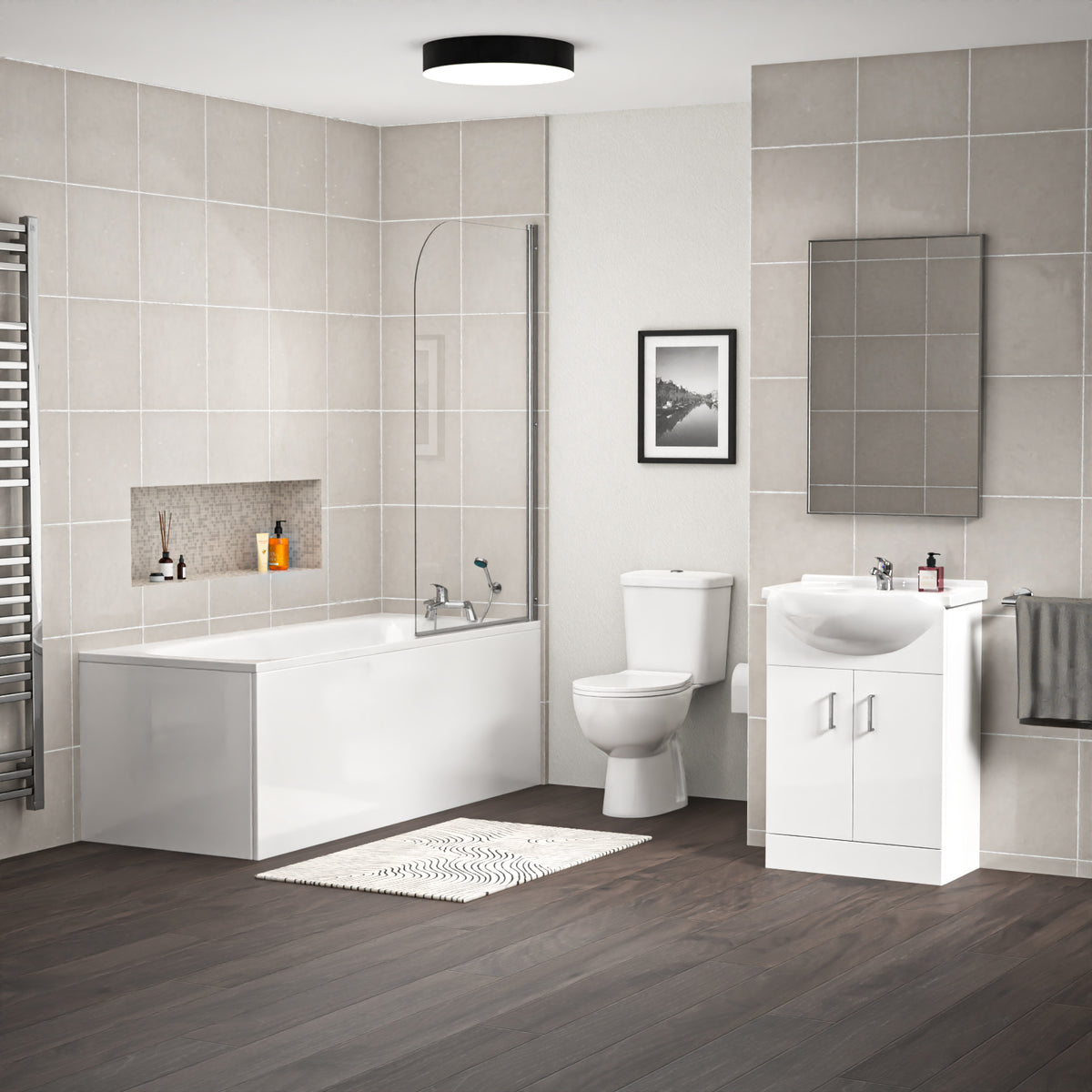 1700mm Round Bath With 550mm Vanity & Toilet, Bath Filler & Basin Mixer Tap