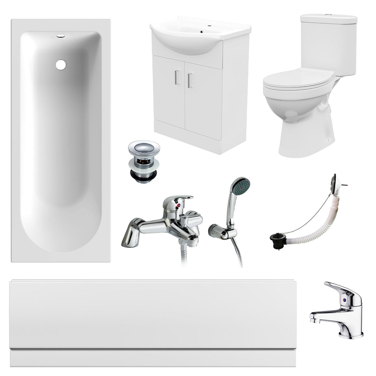 1700mm Bath With Front Panel, 550mm Vanity & Toilet, Bath Filler & Basin Mixer Tap With Waste