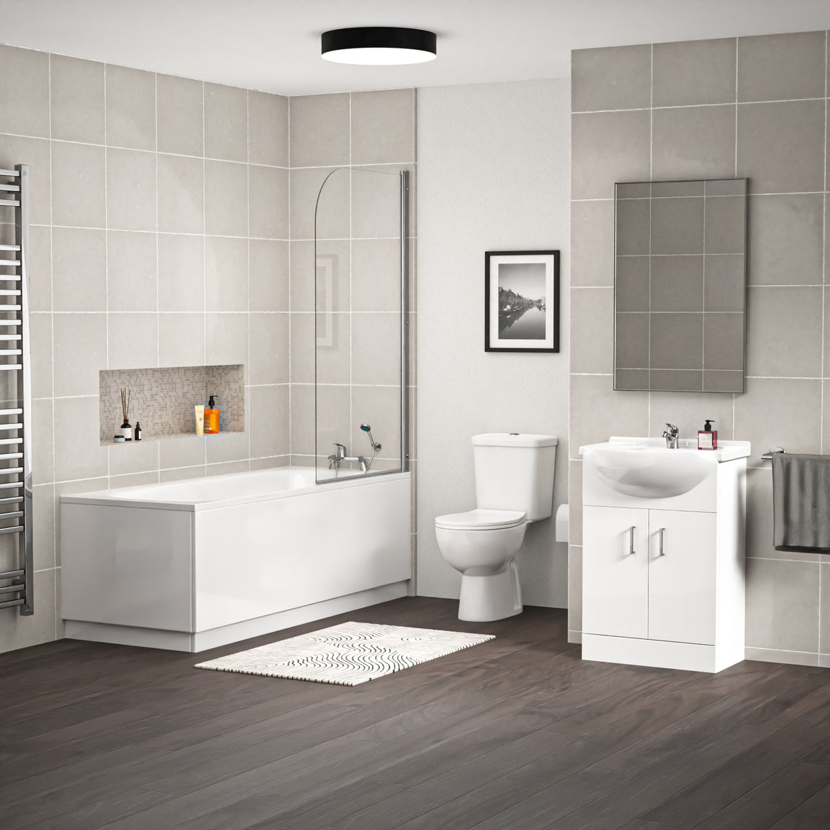 1700mm Bath With Front Panel, 550mm Vanity & Toilet, Bath Filler & Basin Mixer Tap With Waste