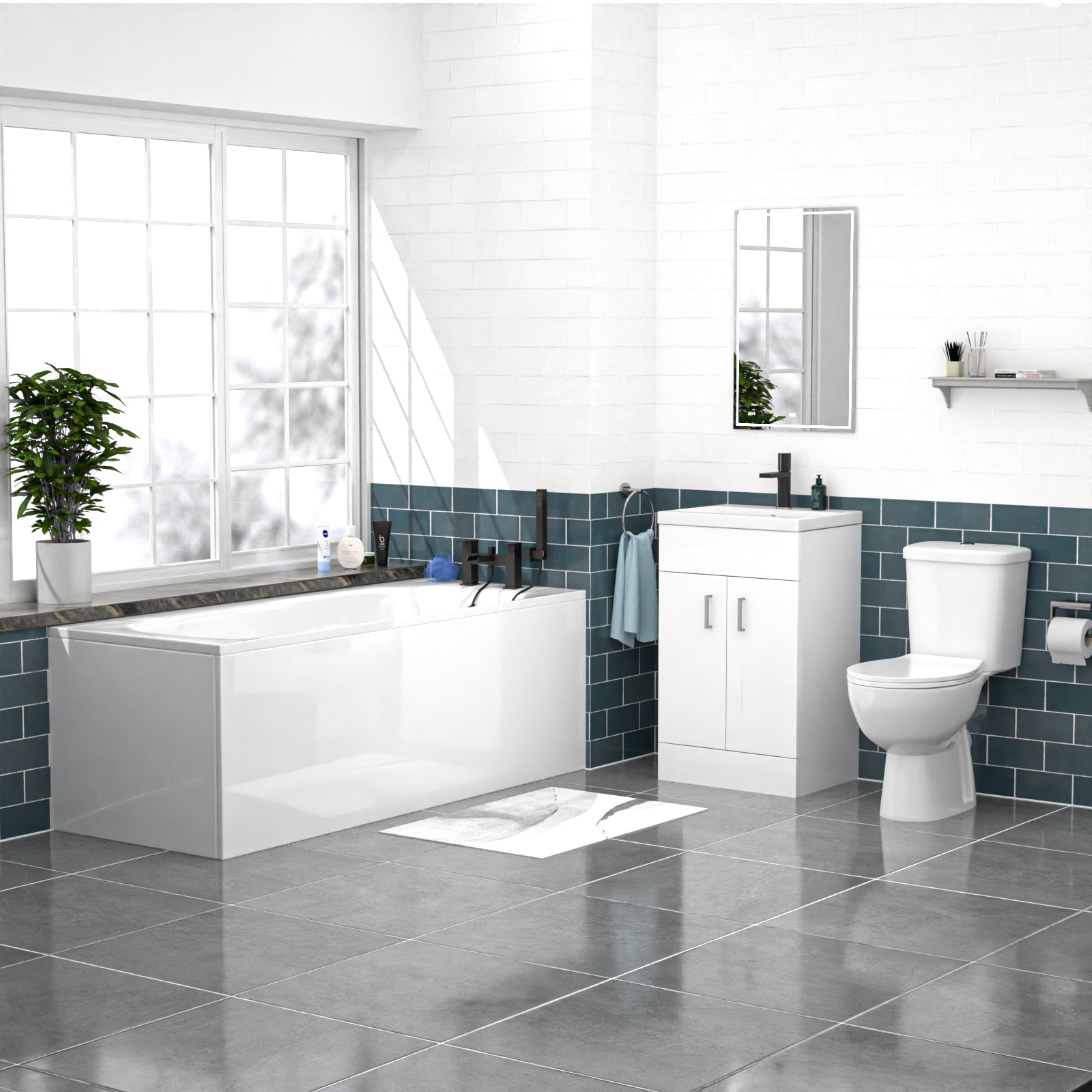 Nanuya 500mm Floorstanding Basin Vanity, Close Coupled Toilet & Round Bath