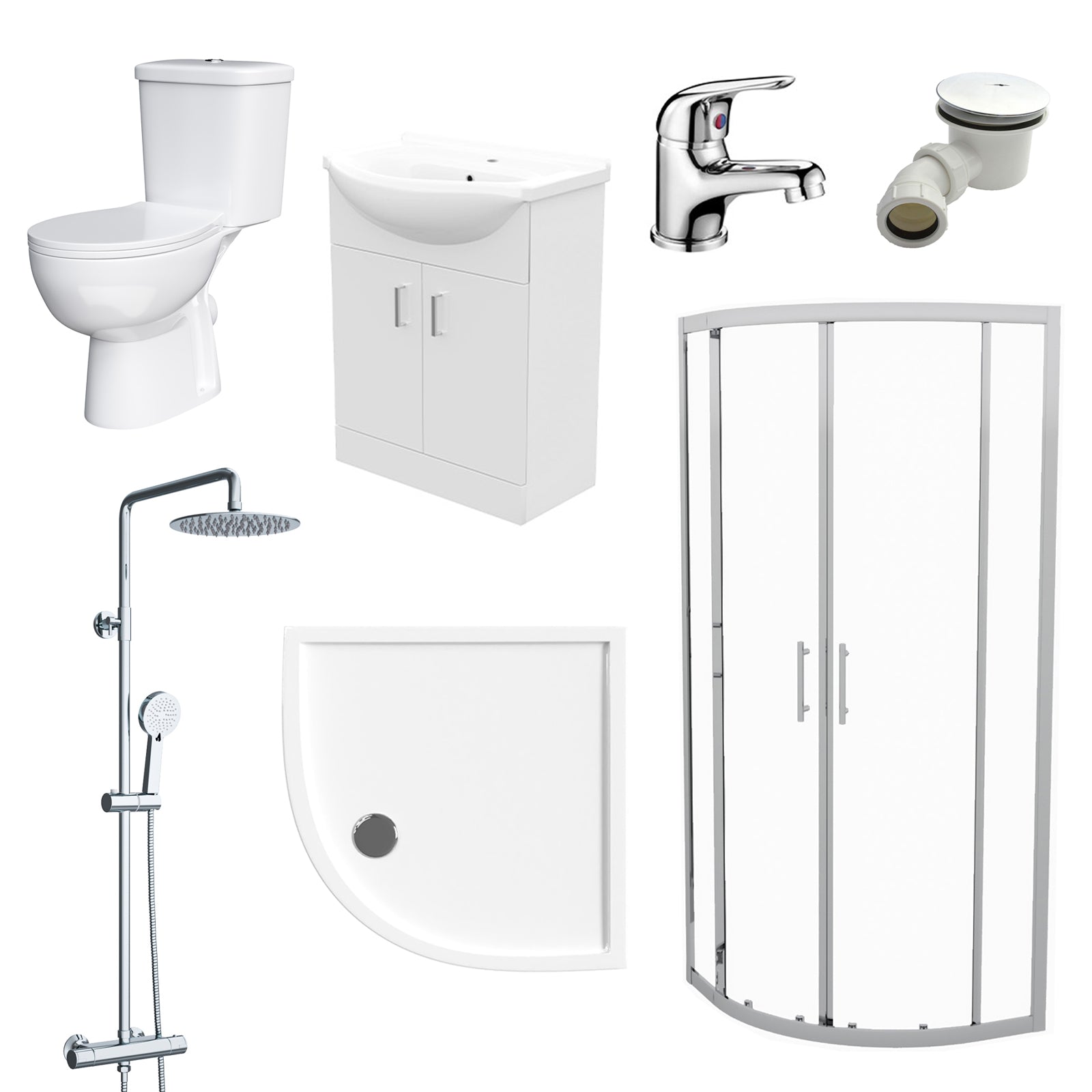 Ellen White Vanity Toilet & Chrome 900mm Quadrant Enclosure Tray with Exposed Shower