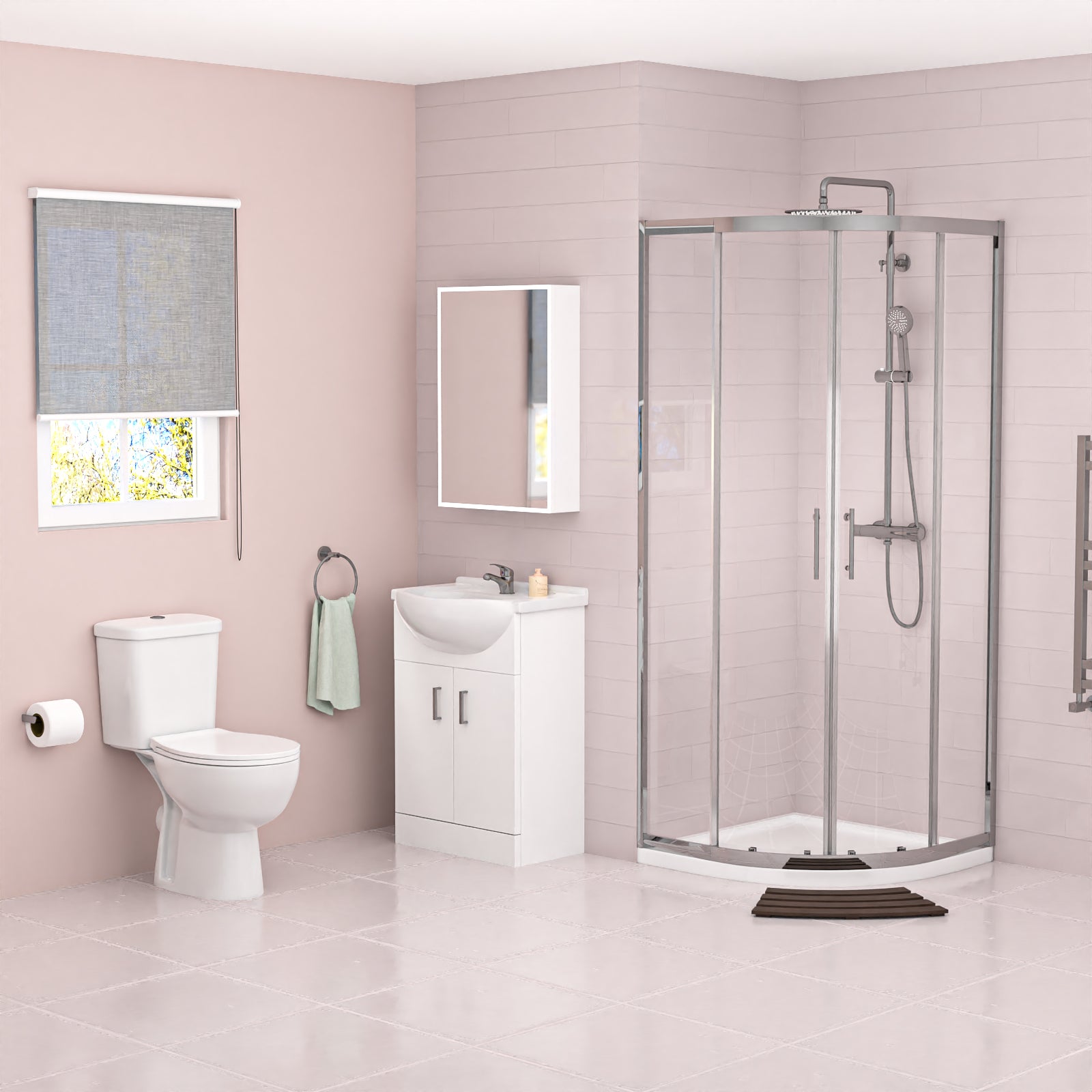 Ellen White Vanity Toilet & Chrome 900mm Quadrant Enclosure Tray with Exposed Shower